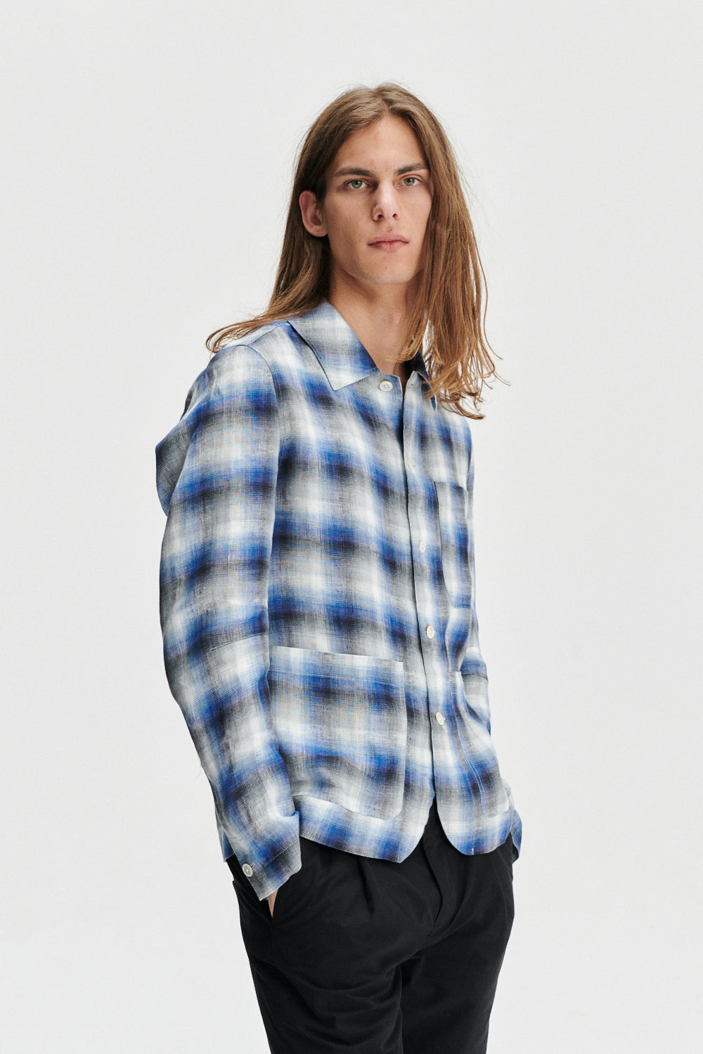 Daily Jacket in a Tonal Blue, Grey and White Chequered Fine Italian Linen by Albini