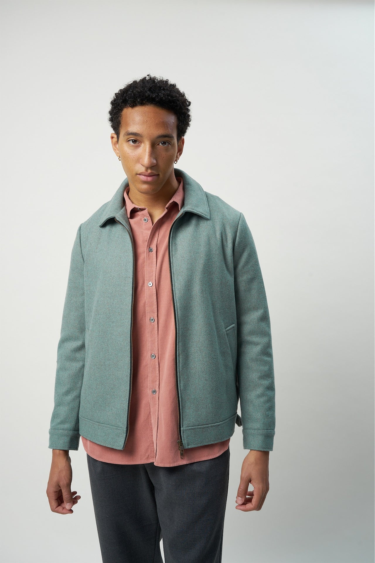 Blouson Motorcycle Jacket in a Mint Green Polish Wool Blend with MEIDA Thermo Insulation