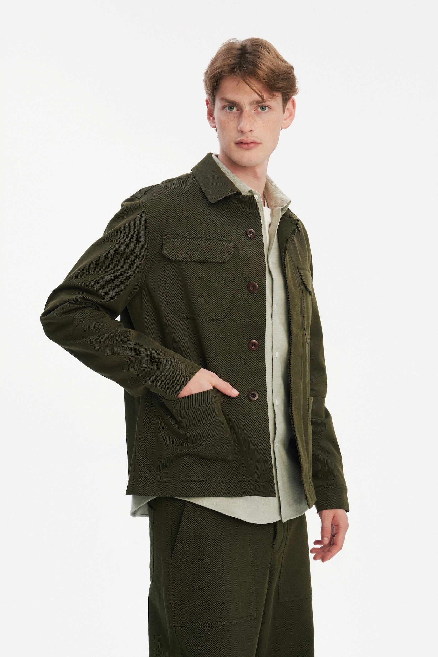 Workwear Jacket in the Finest Olive Green Italian Cotton and Wool Twill from Subalpino