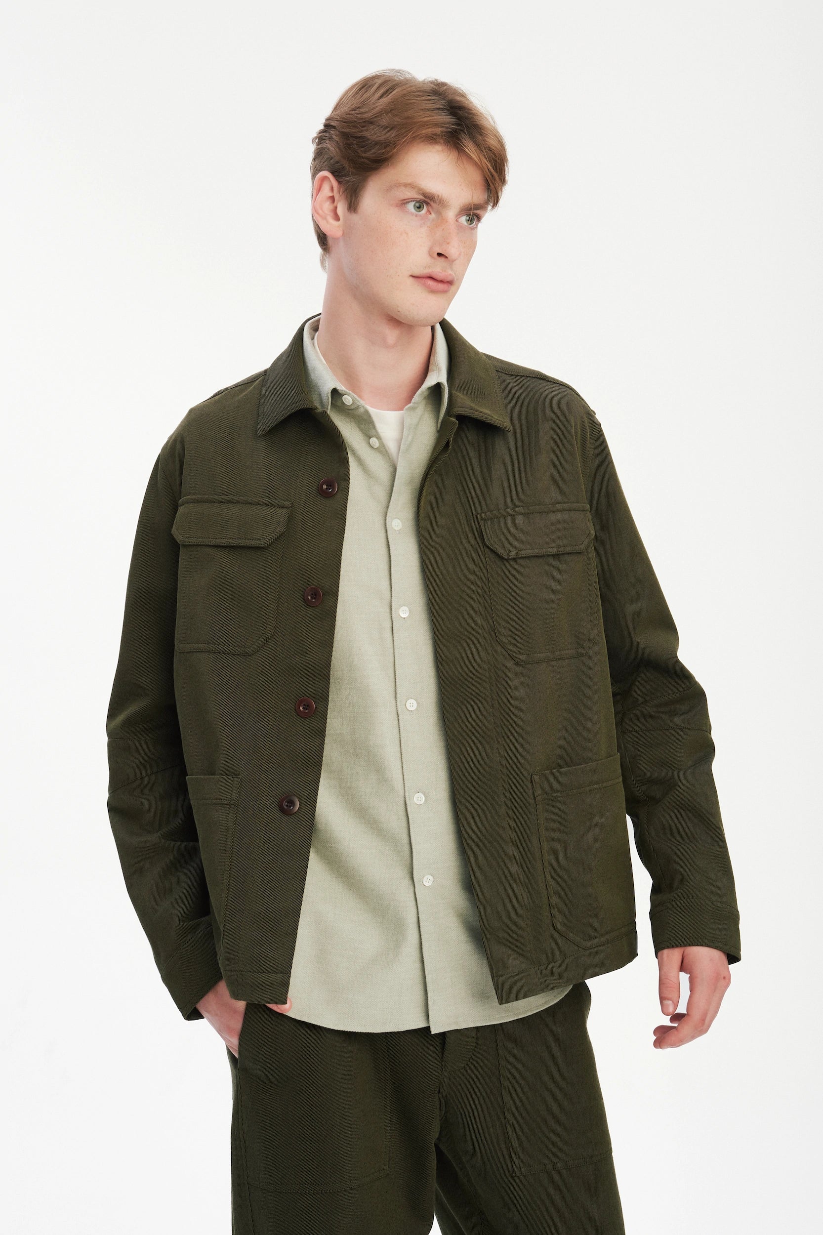 Workwear Jacket in the Finest Olive Green Italian Cotton and Wool Twill from Subalpino