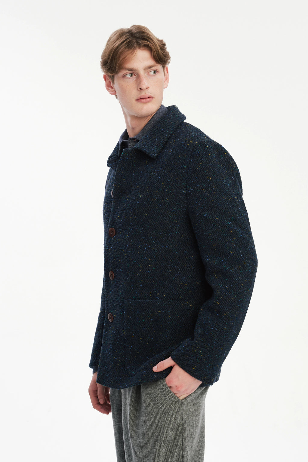 Cool Jacket in a Navy Blue Colourful Spotted Italian Virgin Wool with Recycled Cotton Lining