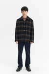 Jacket in a Brown and Navy Chequered Italian Virgin and Alpaca  Bouclé Wool and Meida Thermo Insulation