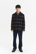 Jacket in a Brown and Navy Chequered Italian Virgin and Alpaca  Bouclé Wool and Meida Thermo Insulation