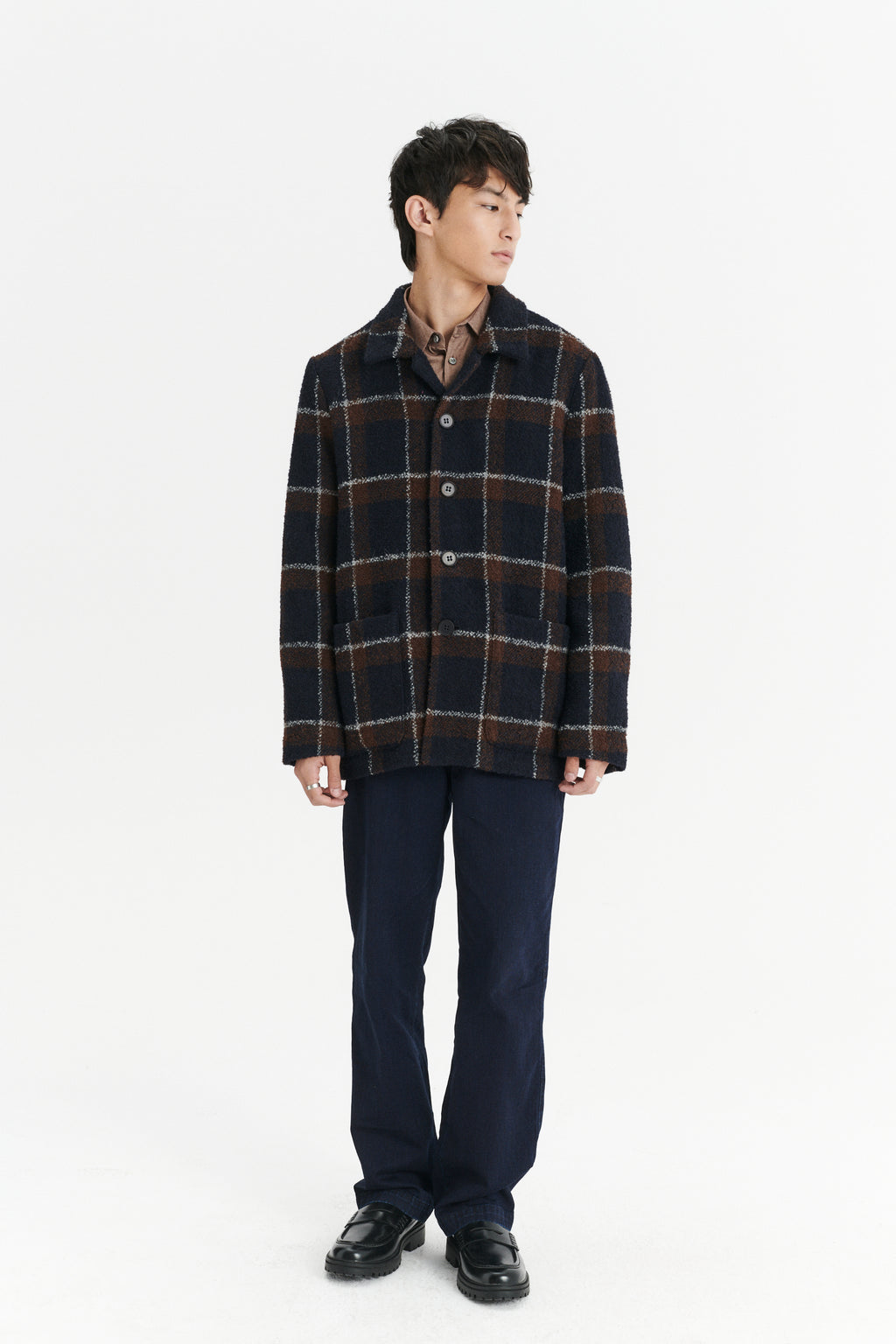 Jacket in a Brown and Navy Chequered Italian Virgin and Alpaca  Bouclé Wool and Meida Thermo Insulation