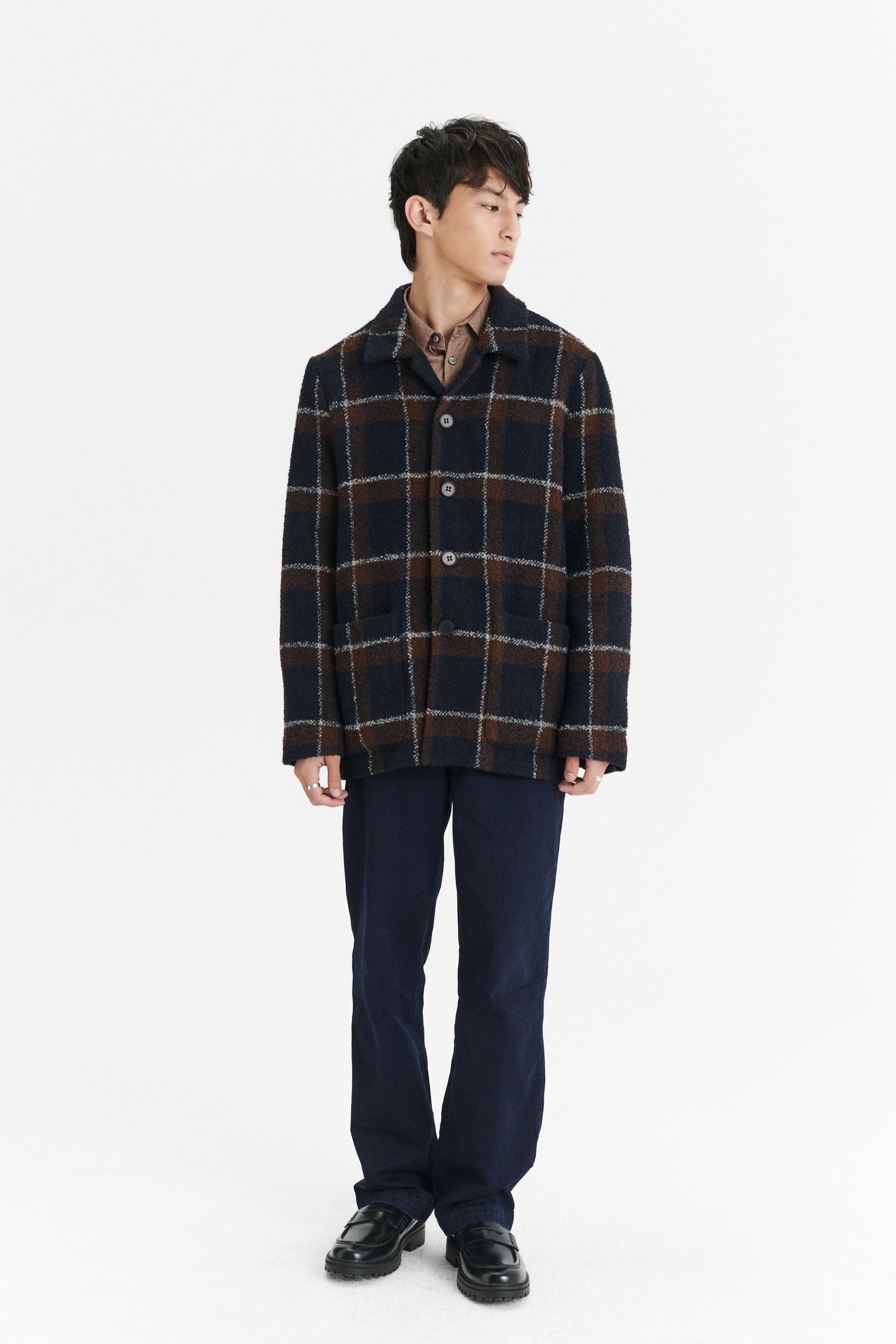 Jacket in a Brown and Navy Chequered Italian Virgin and Alpaca  Bouclé Wool and Meida Thermo Insulation