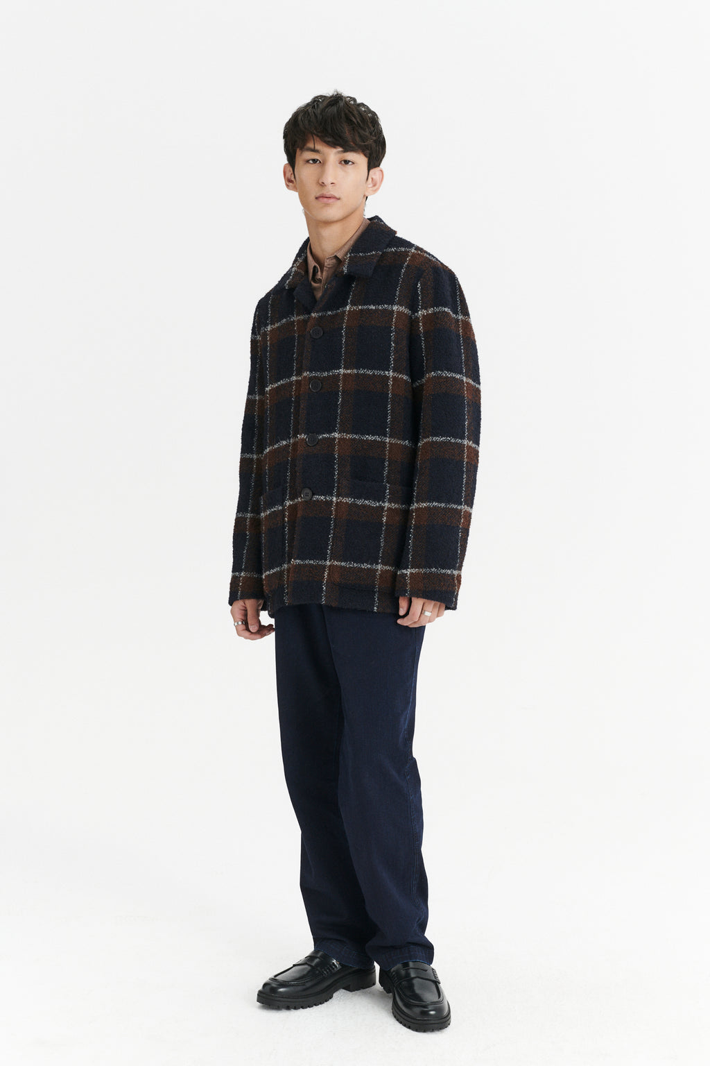 Jacket in a Brown and Navy Chequered Italian Virgin and Alpaca  Bouclé Wool and Meida Thermo Insulation