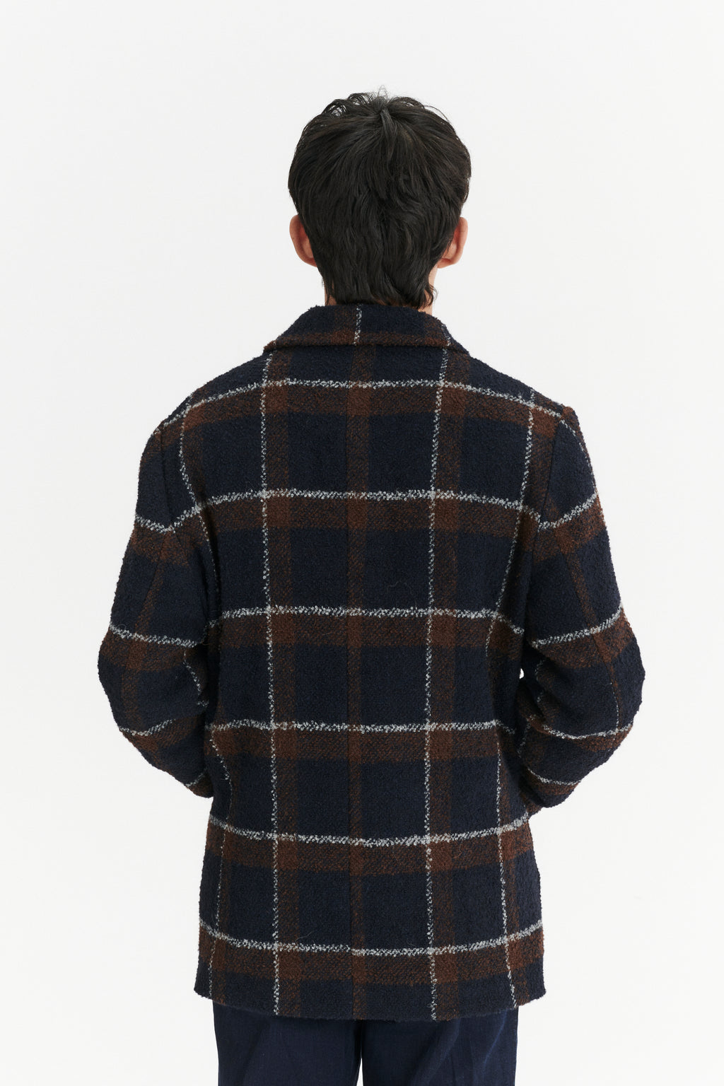 Jacket in a Brown and Navy Chequered Italian Virgin and Alpaca  Bouclé Wool and Meida Thermo Insulation