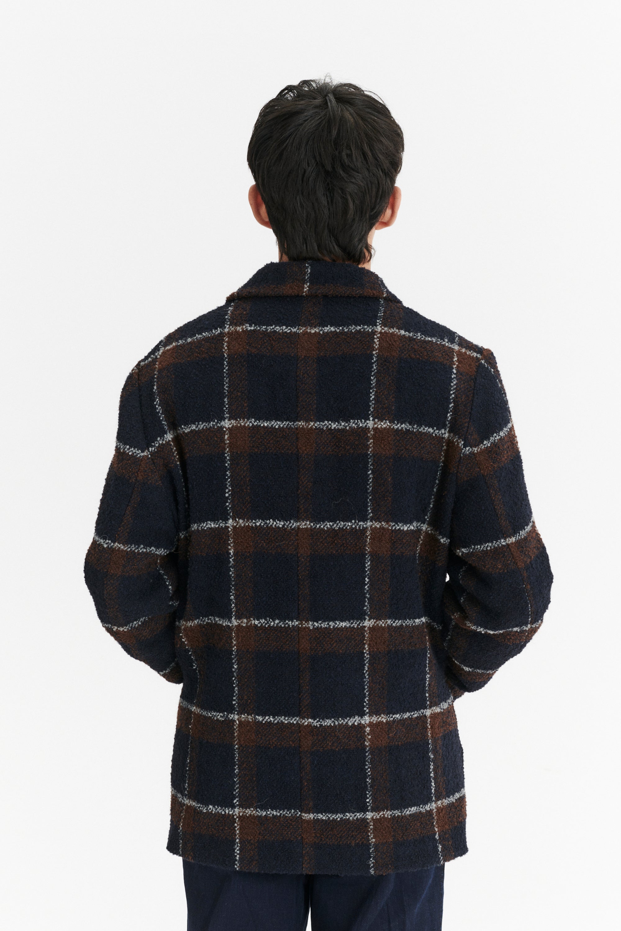 Jacket in a Brown and Navy Chequered Italian Virgin and Alpaca  Bouclé Wool and Meida Thermo Insulation