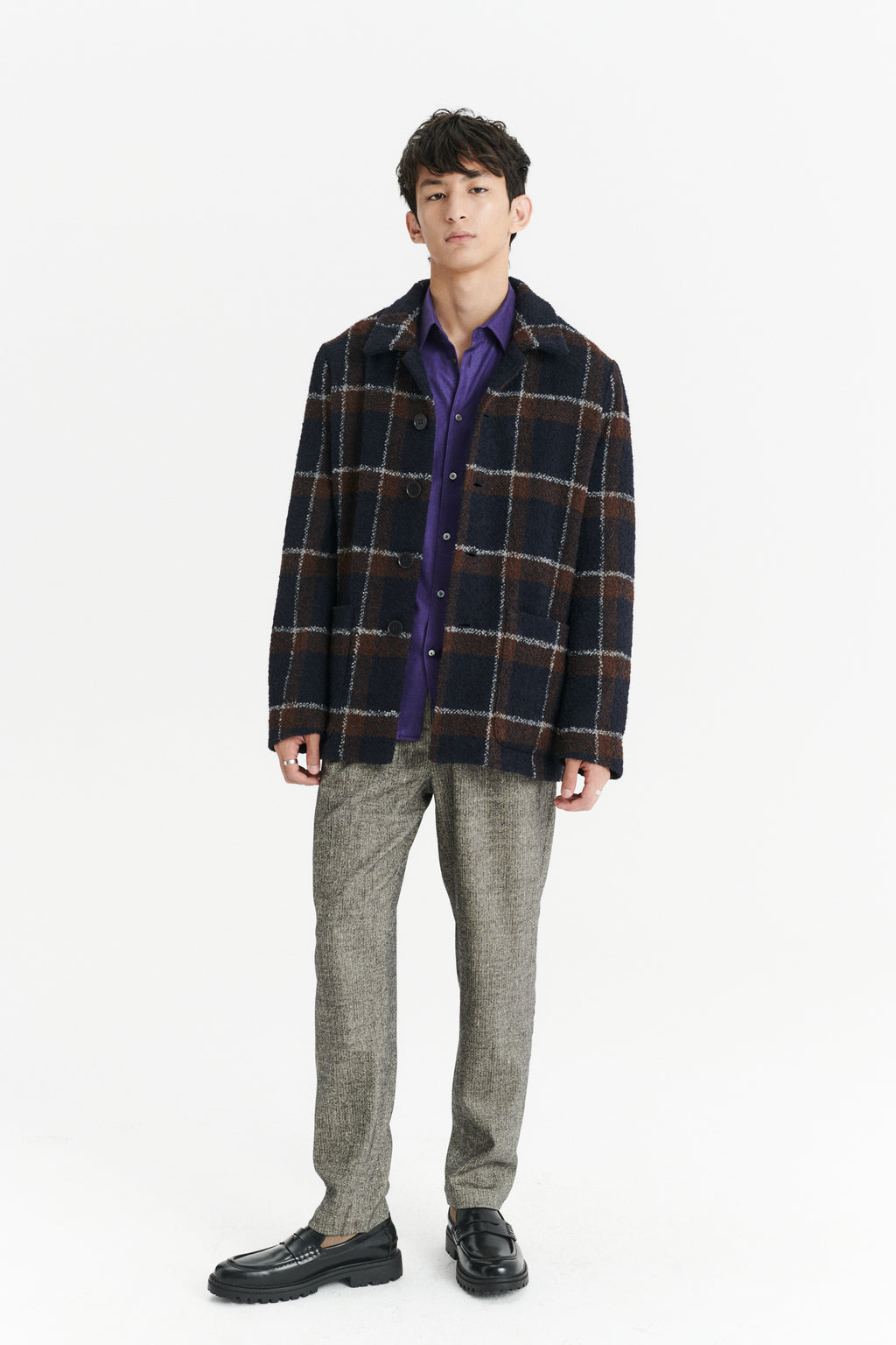 Jacket in a Brown and Navy Chequered Italian Virgin and Alpaca  Bouclé Wool and Meida Thermo Insulation