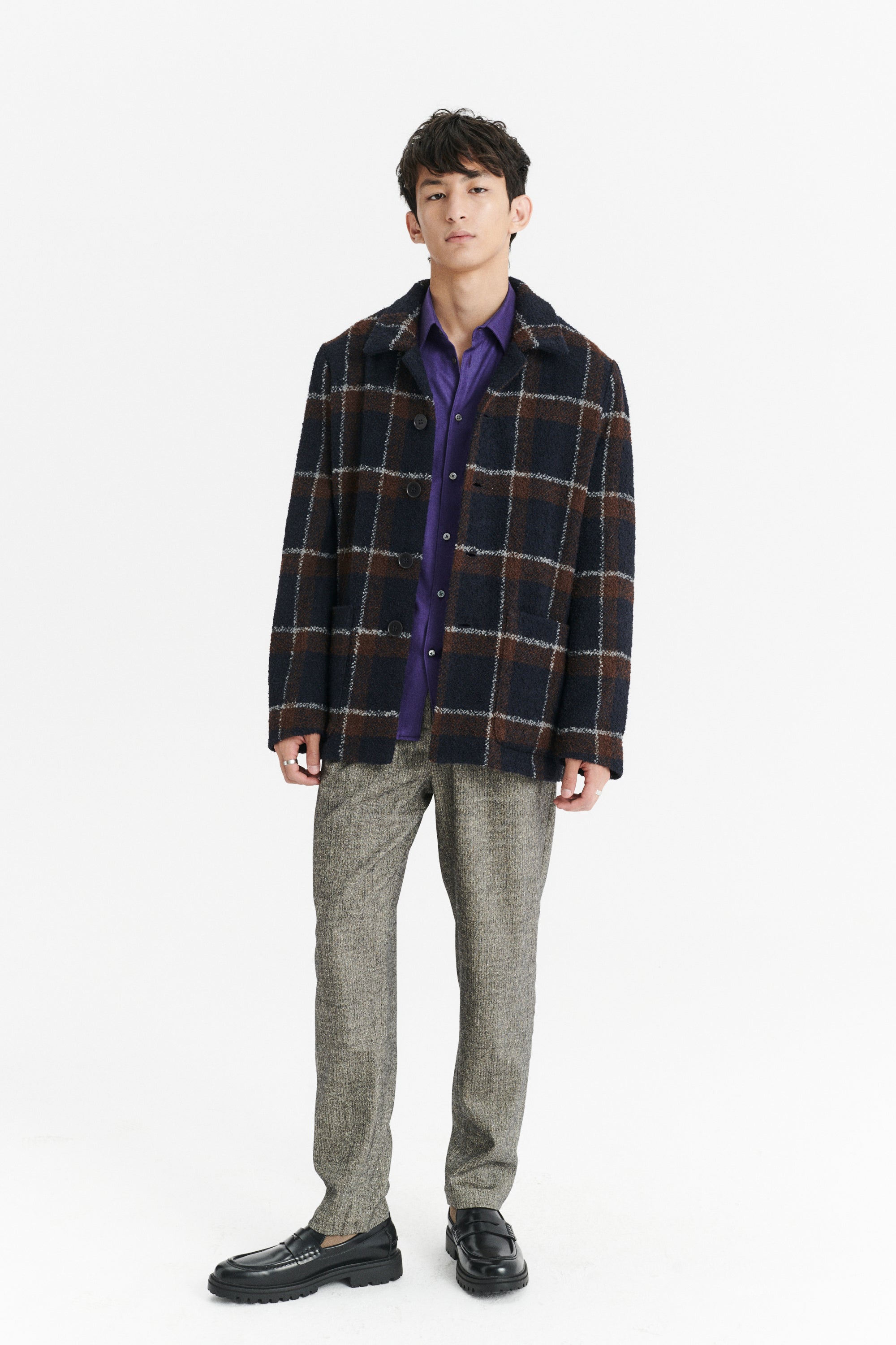 Jacket in a Brown and Navy Chequered Italian Virgin and Alpaca  Bouclé Wool and Meida Thermo Insulation