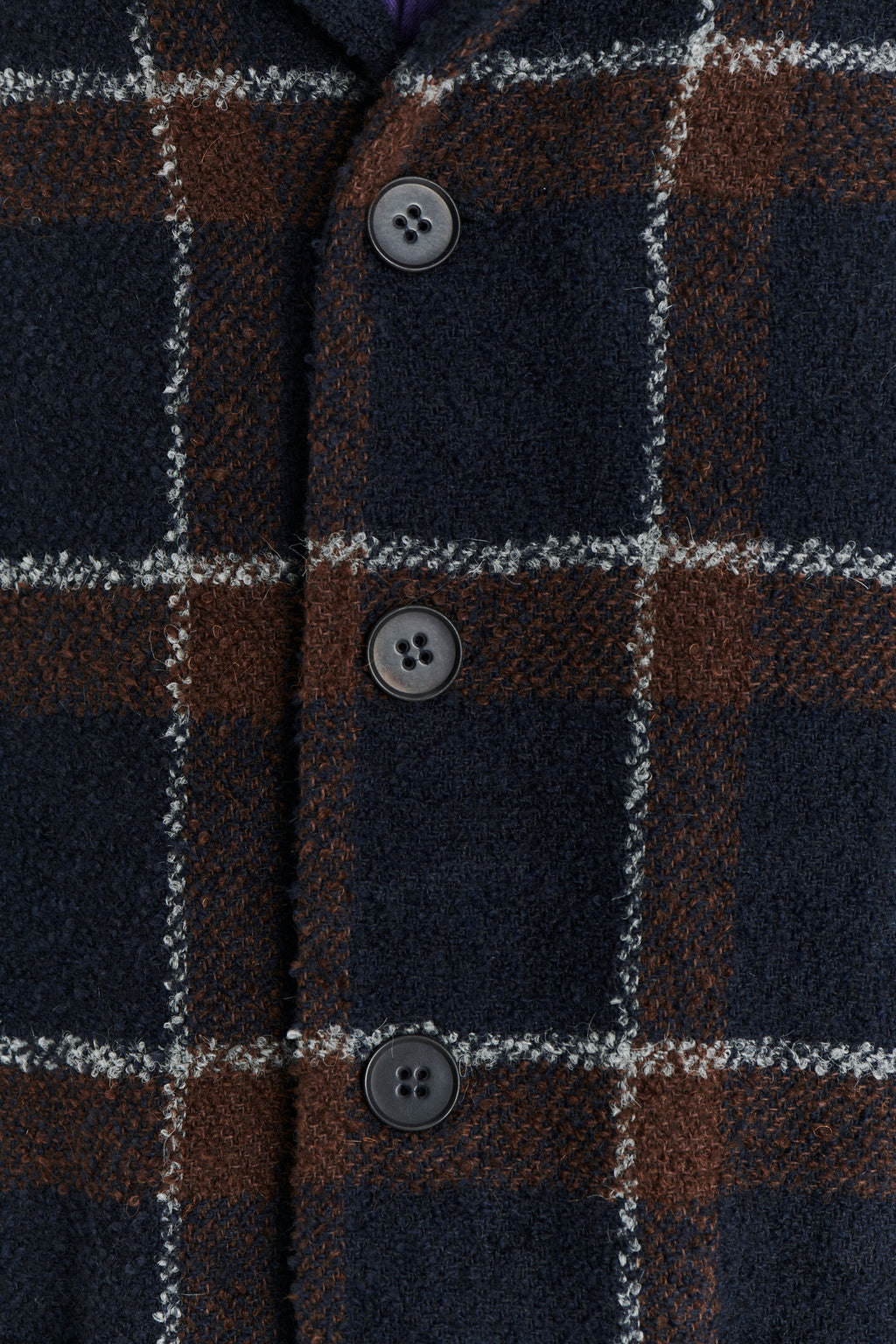 Jacket in a Brown and Navy Chequered Italian Virgin and Alpaca  Bouclé Wool and Meida Thermo Insulation