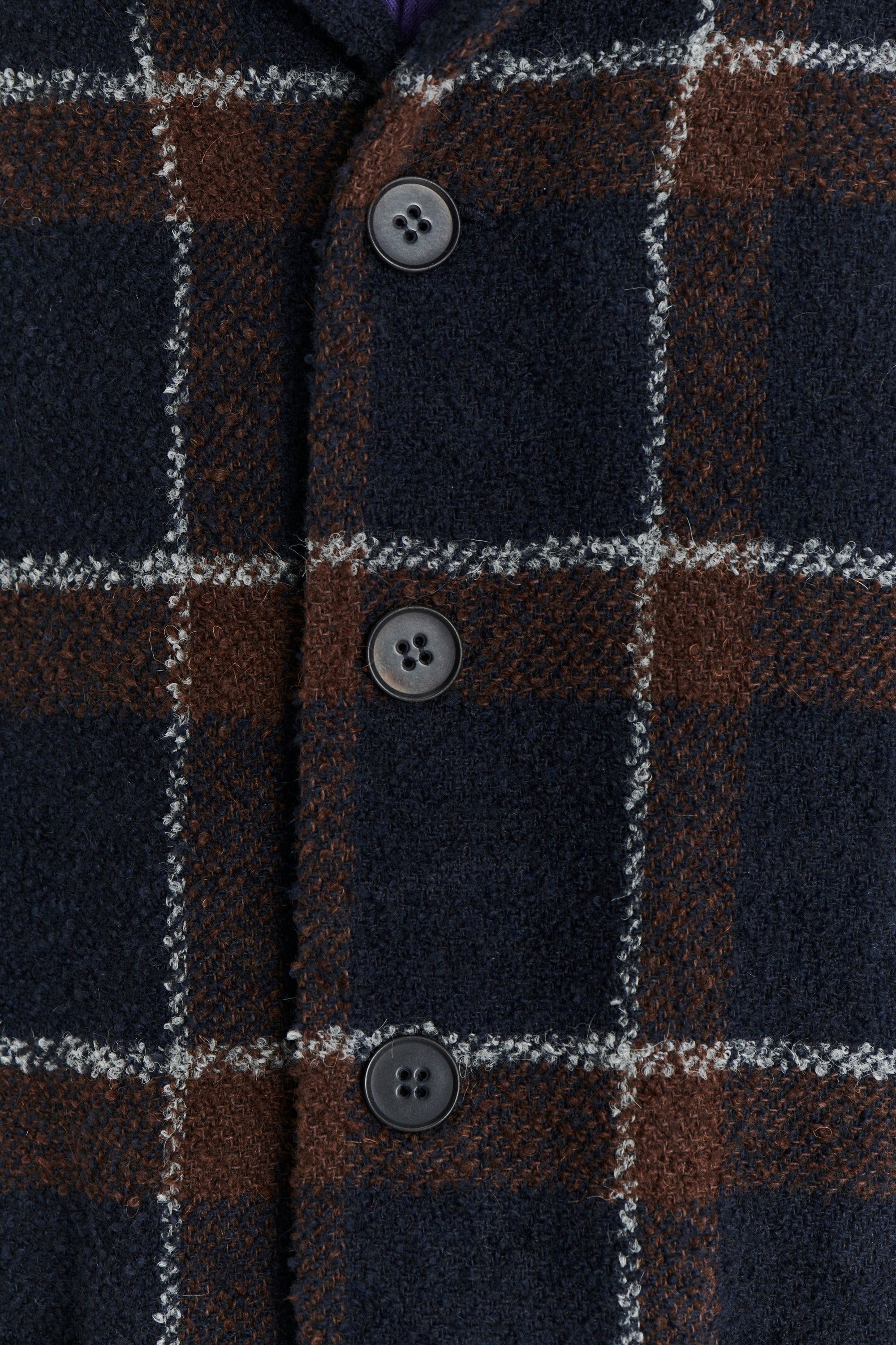Jacket in a Brown and Navy Chequered Italian Virgin and Alpaca  Bouclé Wool and Meida Thermo Insulation