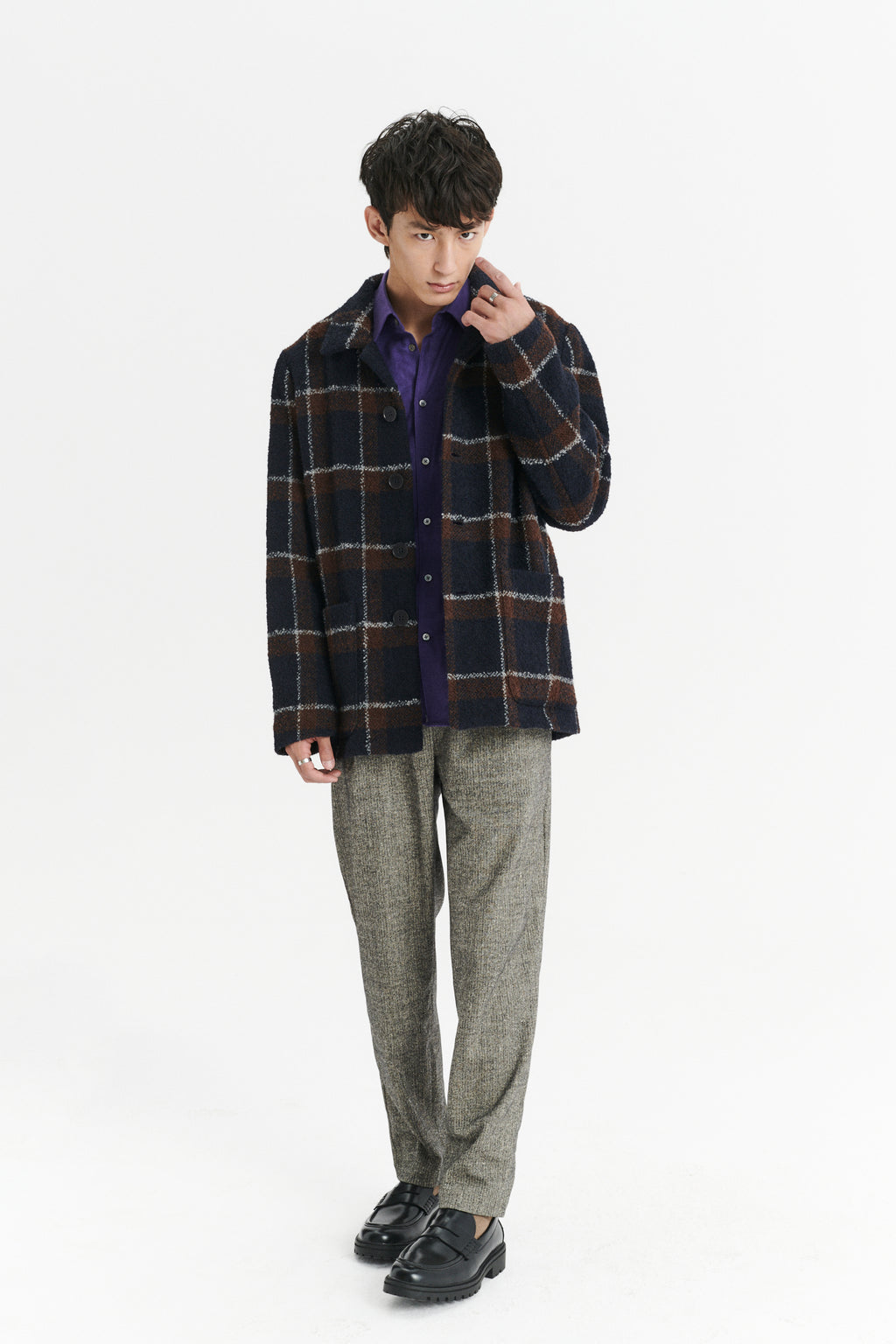 Jacket in a Brown and Navy Chequered Italian Virgin and Alpaca  Bouclé Wool and Meida Thermo Insulation