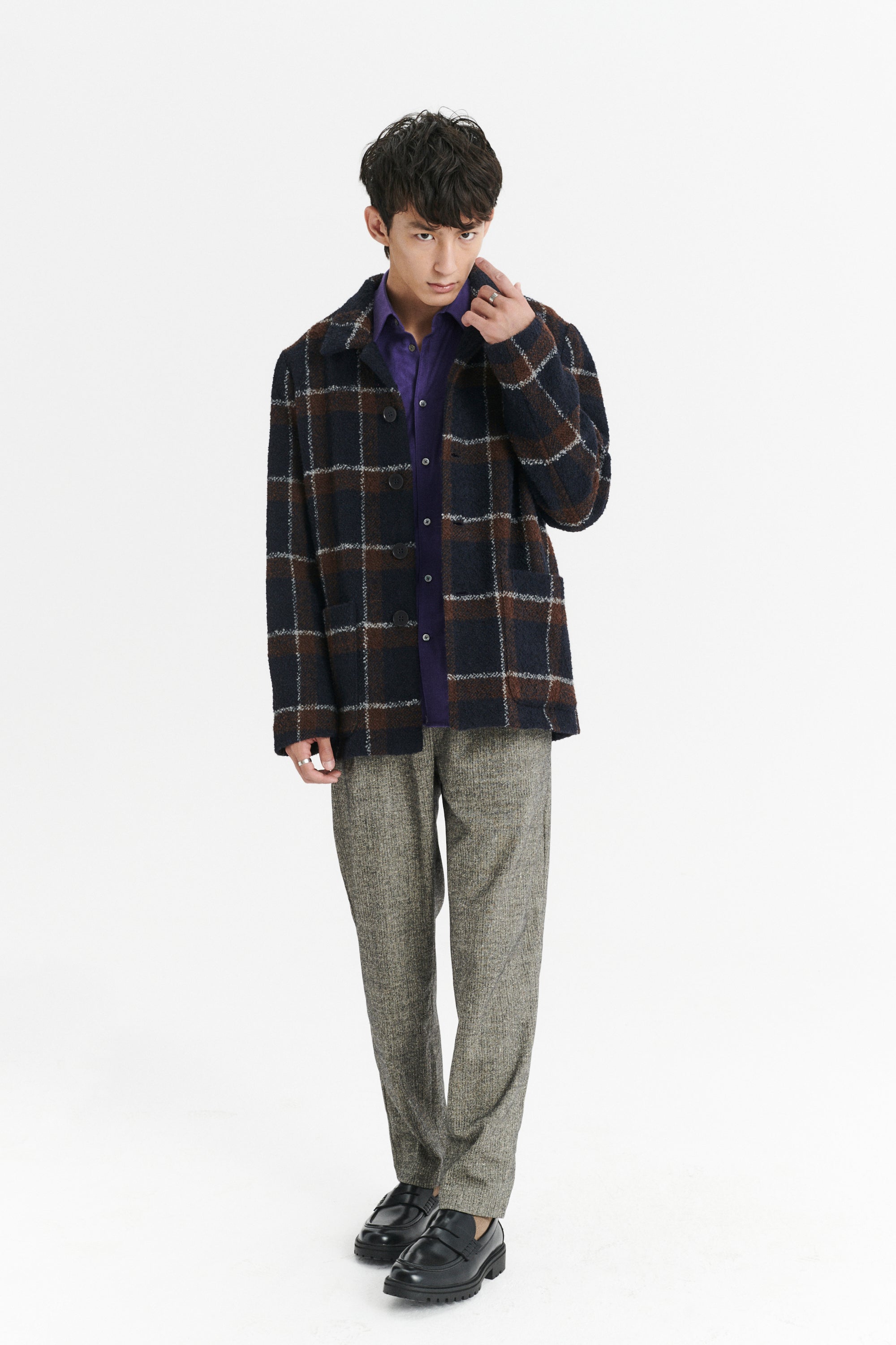 Jacket in a Brown and Navy Chequered Italian Virgin and Alpaca  Bouclé Wool and Meida Thermo Insulation