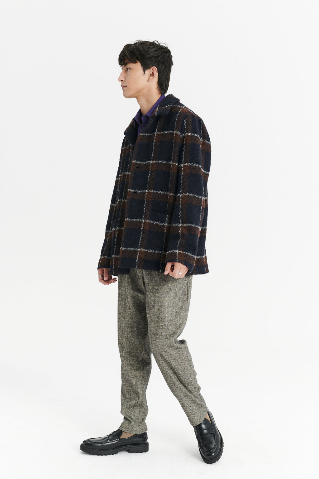 Jacket in a Brown and Navy Chequered Italian Virgin and Alpaca  Bouclé Wool and Meida Thermo Insulation