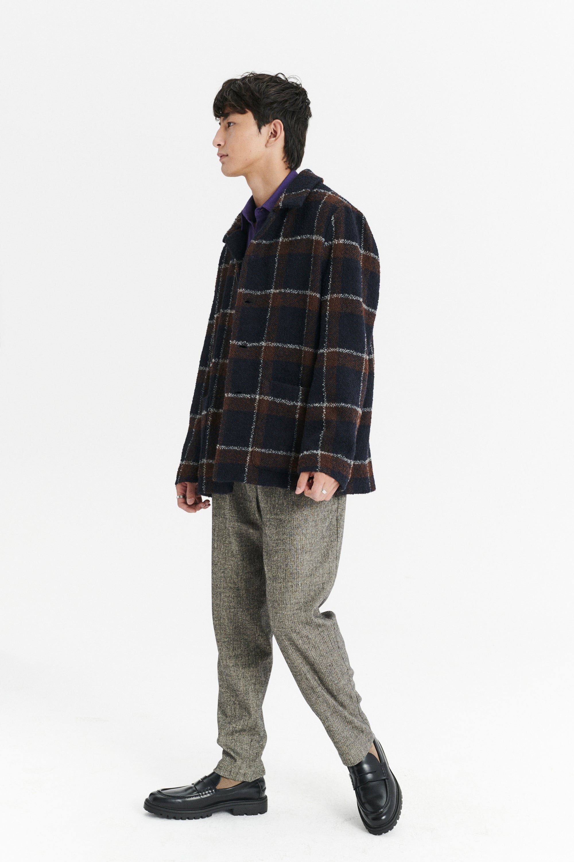 Jacket in a Brown and Navy Chequered Italian Virgin and Alpaca  Bouclé Wool and Meida Thermo Insulation