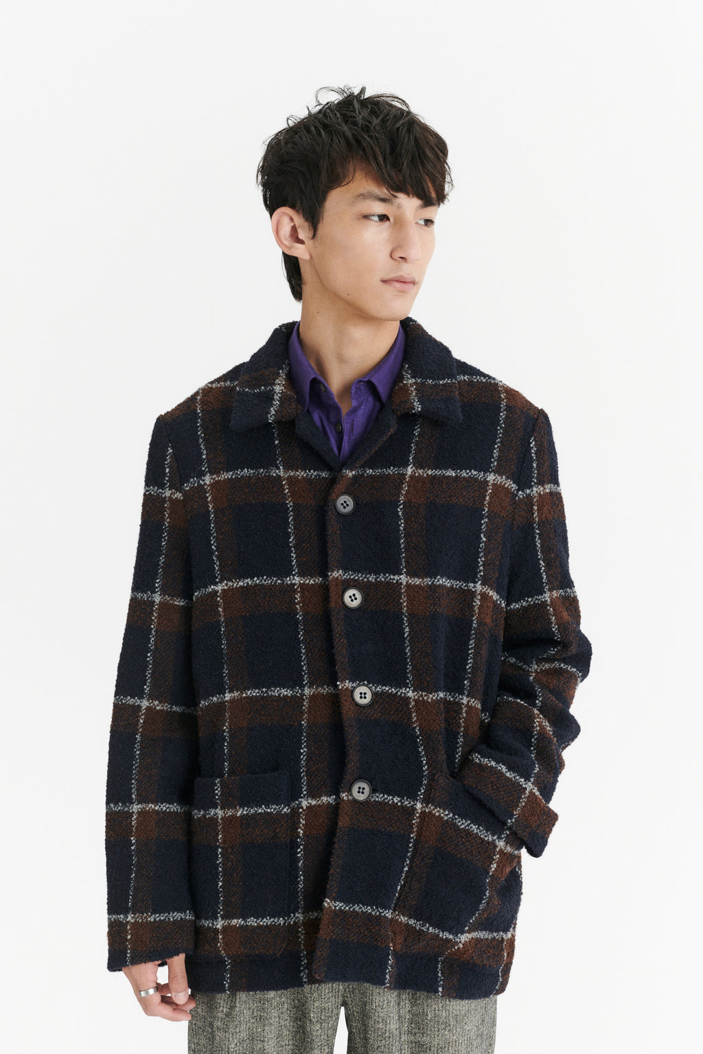 Jacket in a Brown and Navy Chequered Italian Virgin and Alpaca  Bouclé Wool and Meida Thermo Insulation