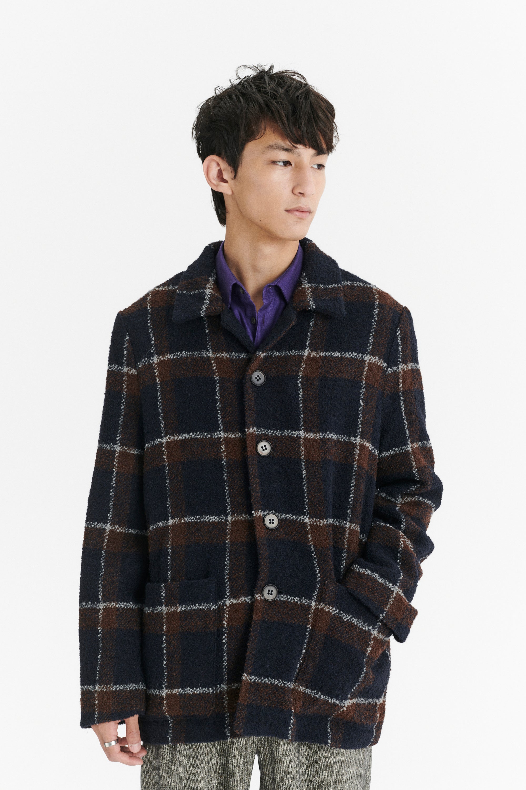Jacket in a Brown and Navy Chequered Italian Virgin and Alpaca  Bouclé Wool and Meida Thermo Insulation