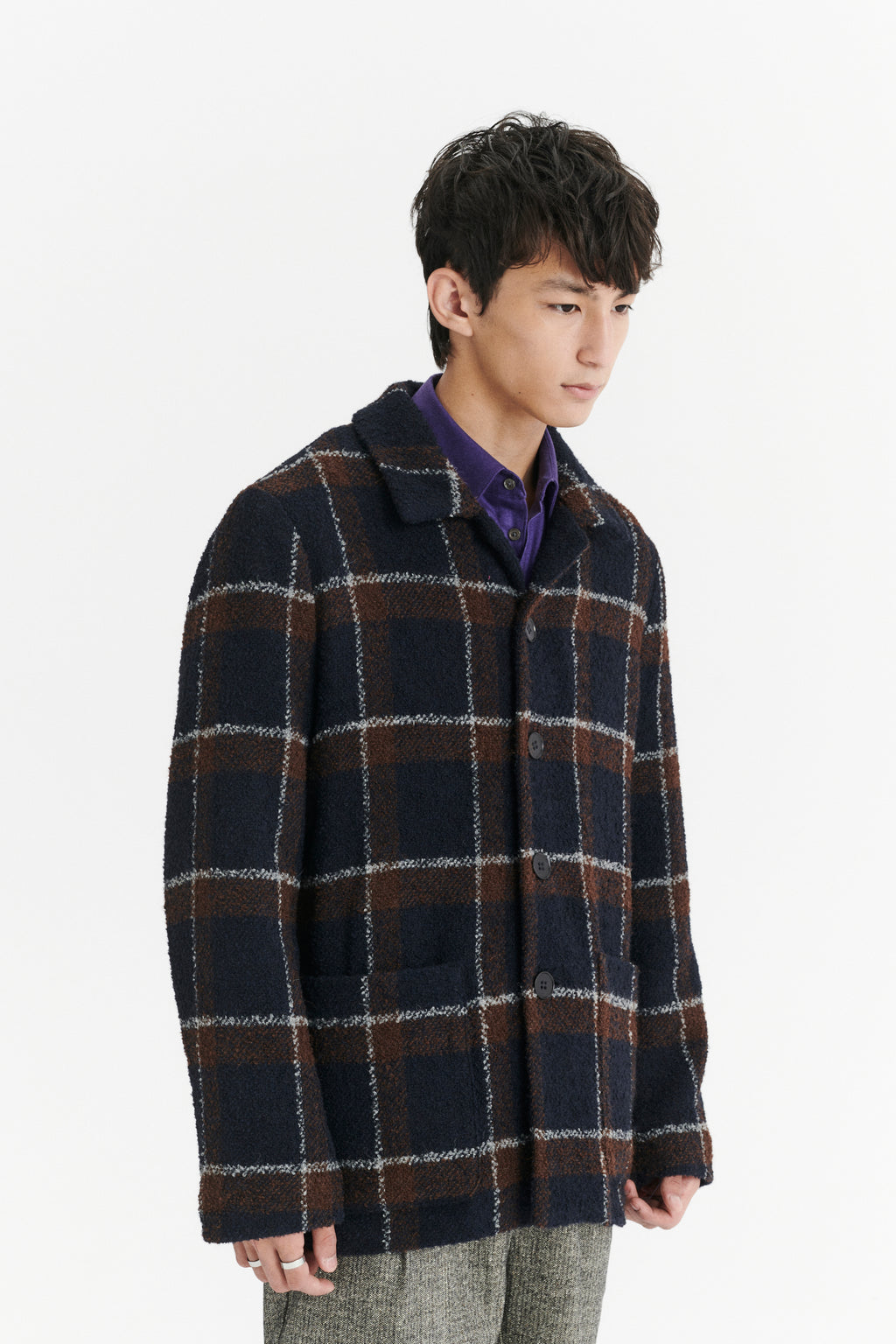 Jacket in a Brown and Navy Chequered Italian Virgin and Alpaca  Bouclé Wool and Meida Thermo Insulation