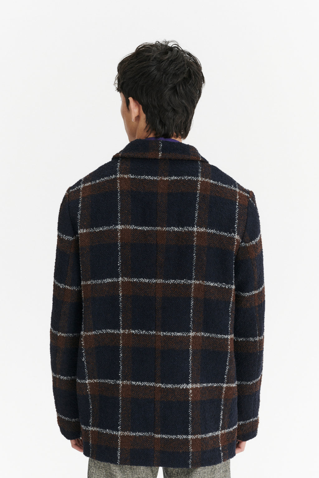Jacket in a Brown and Navy Chequered Italian Virgin and Alpaca  Bouclé Wool and Meida Thermo Insulation