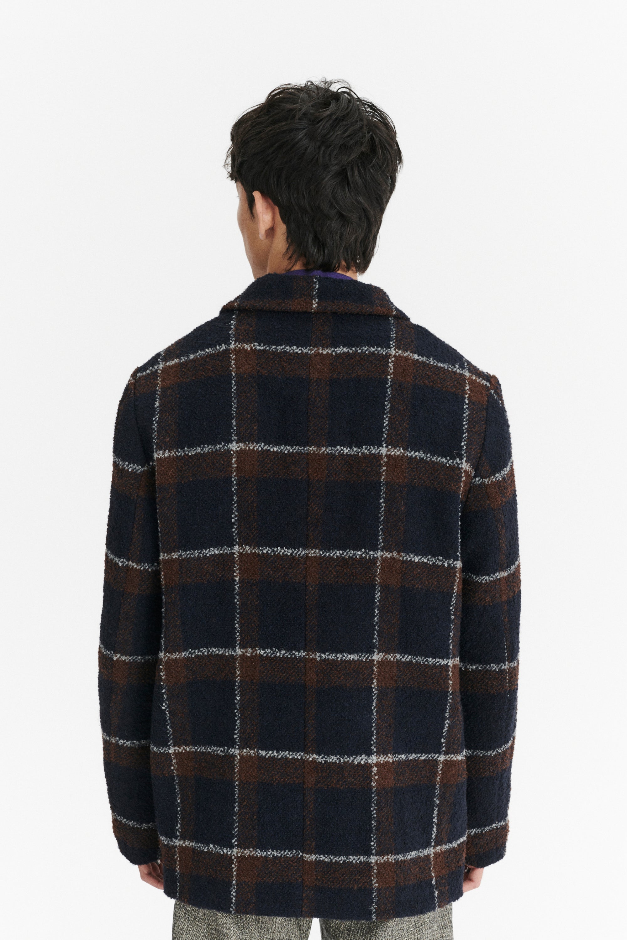Jacket in a Brown and Navy Chequered Italian Virgin and Alpaca  Bouclé Wool and Meida Thermo Insulation