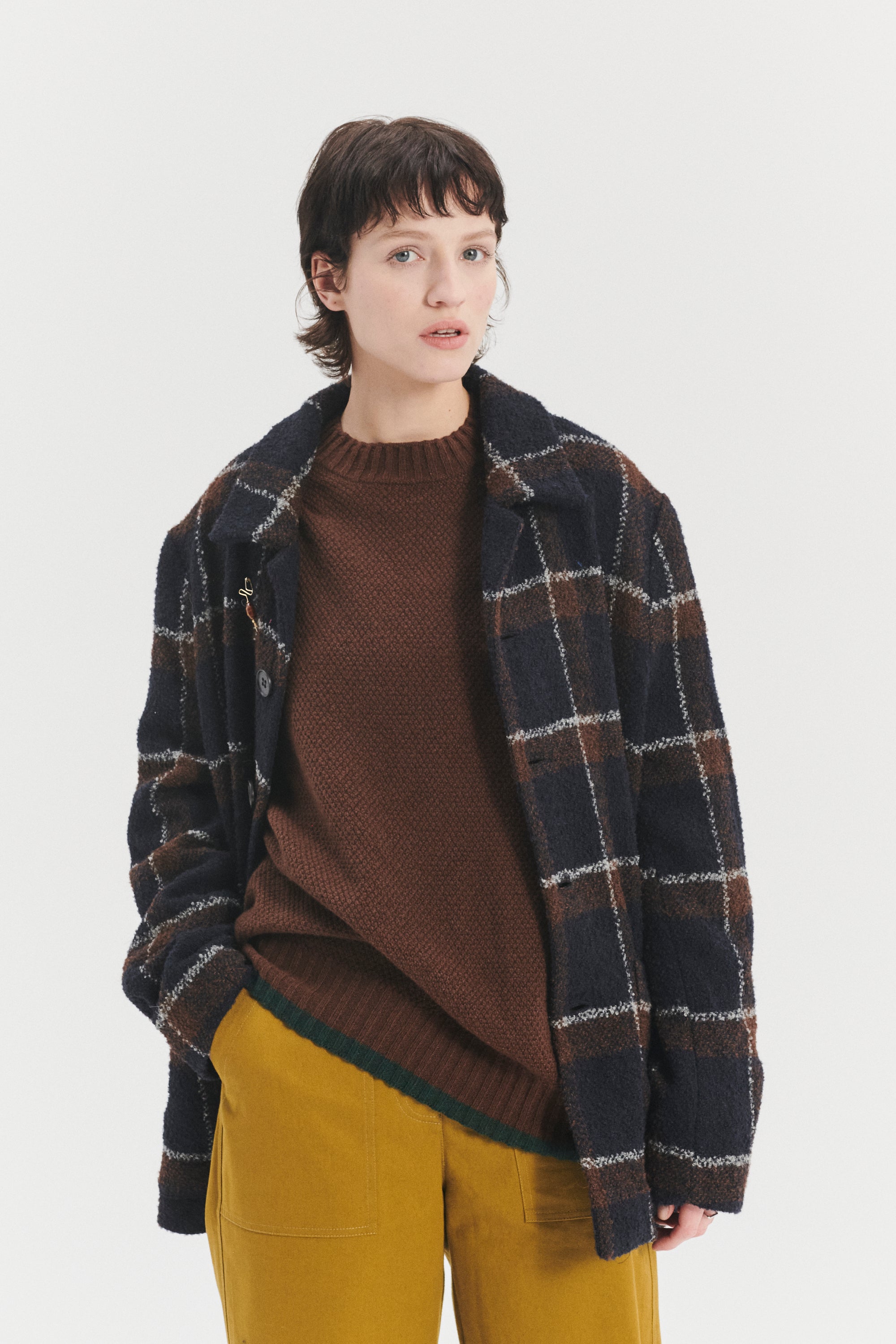 Pre-Order: Jacket in a Brown and Navy Chequered Italian Virgin and Alpaca  Bouclé Wool and Meida Thermo Insulation