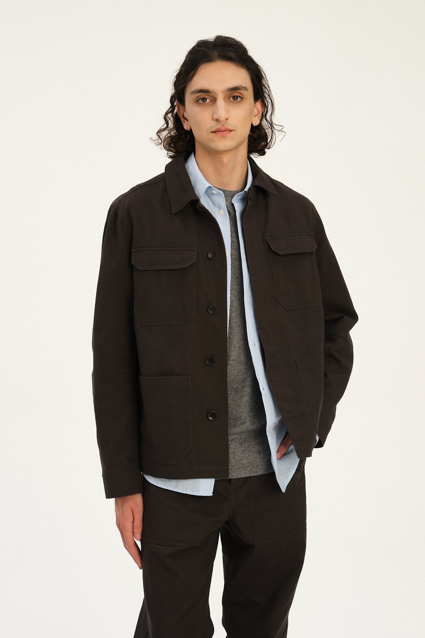 Cluny Workwear Jacket in a Fine Anthracite Japanese Twill of Cotton and Linen