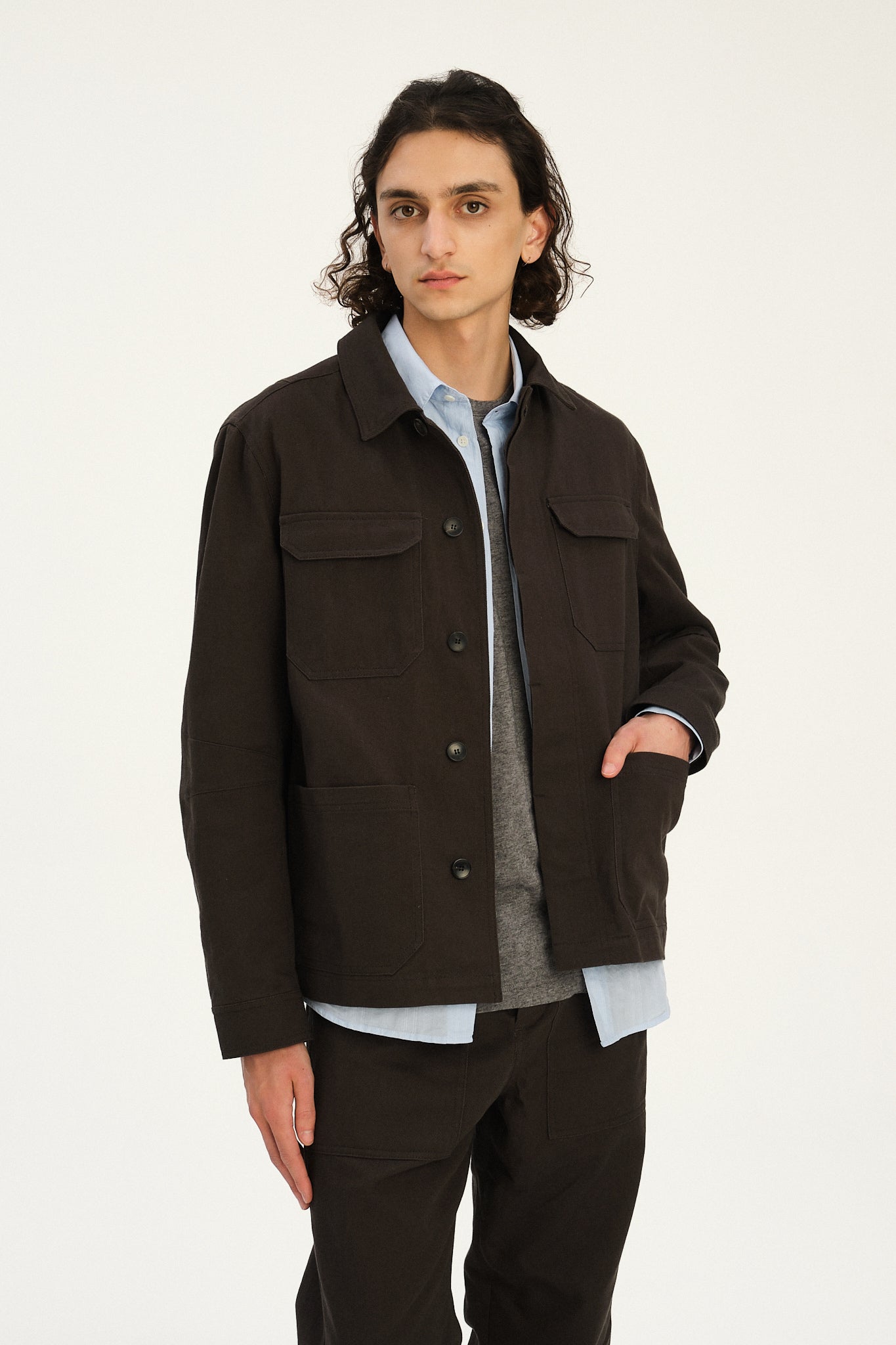 Cluny Workwear Jacket in a Fine Anthracite Japanese Twill of Cotton and Linen