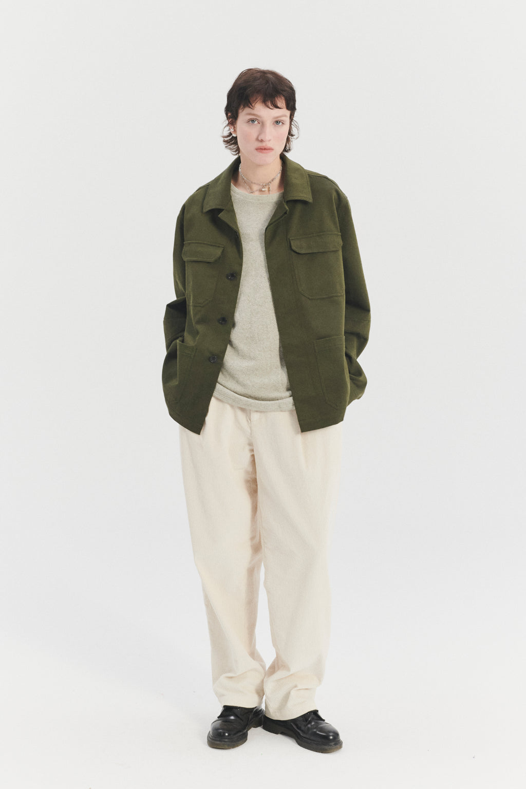 Unisex Workwear Jacket in the Finest Olive Green Italian Cotton and Wool Twill from Subalpino
