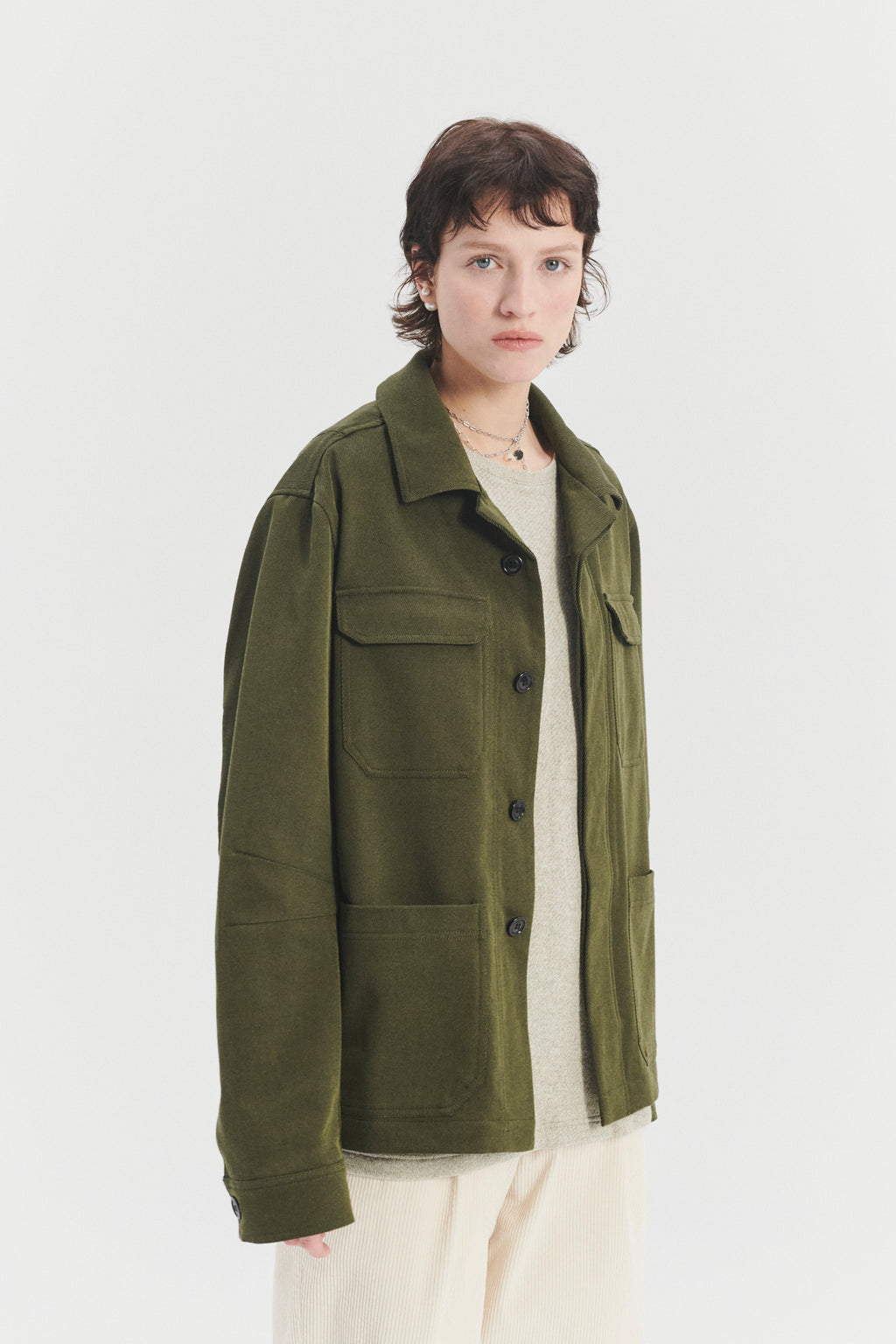 Unisex Workwear Jacket in the Finest Olive Green Italian Cotton and Wool Twill from Subalpino