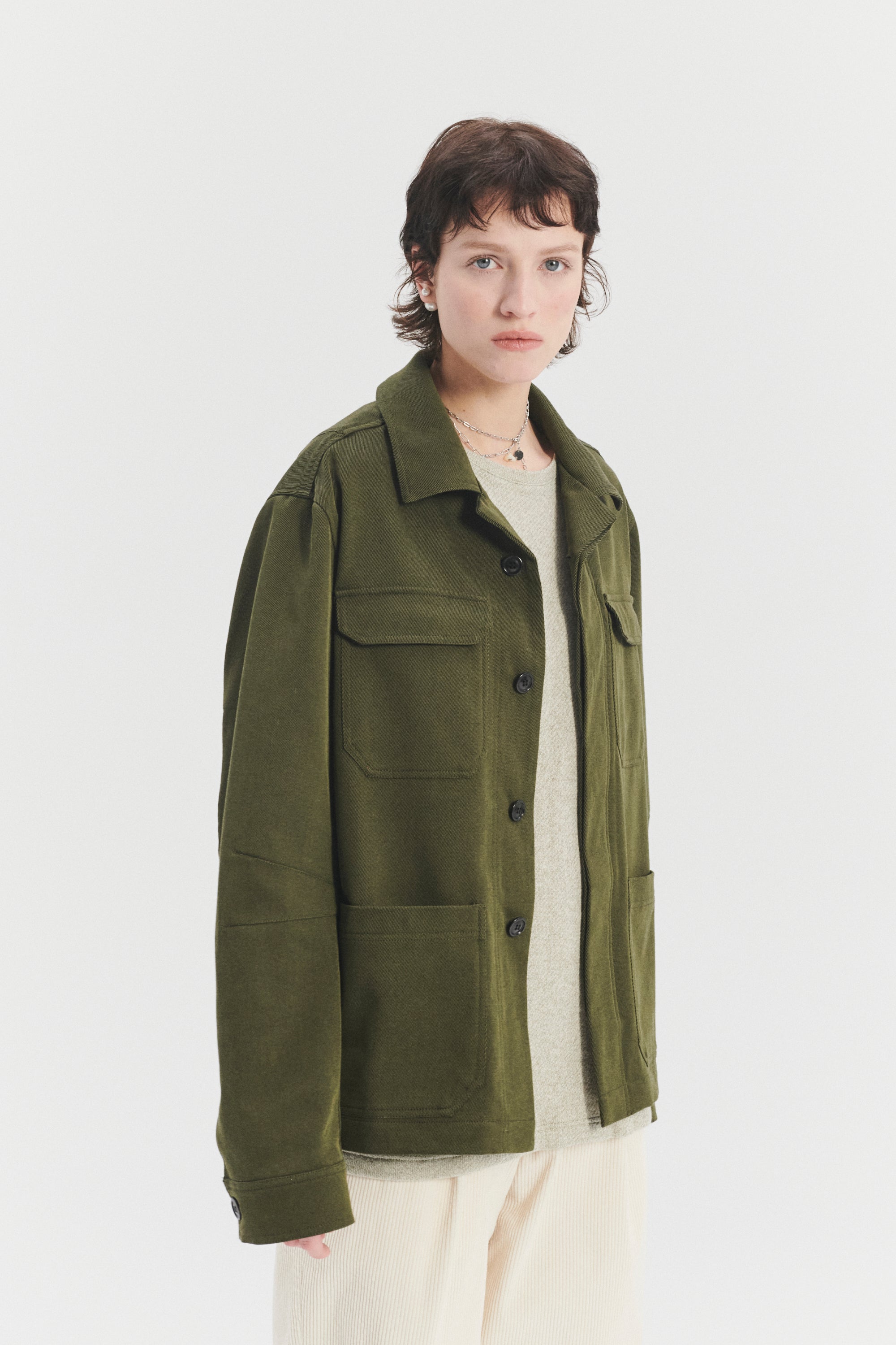 Unisex Workwear Jacket in the Finest Olive Green Italian Cotton and Wool Twill from Subalpino