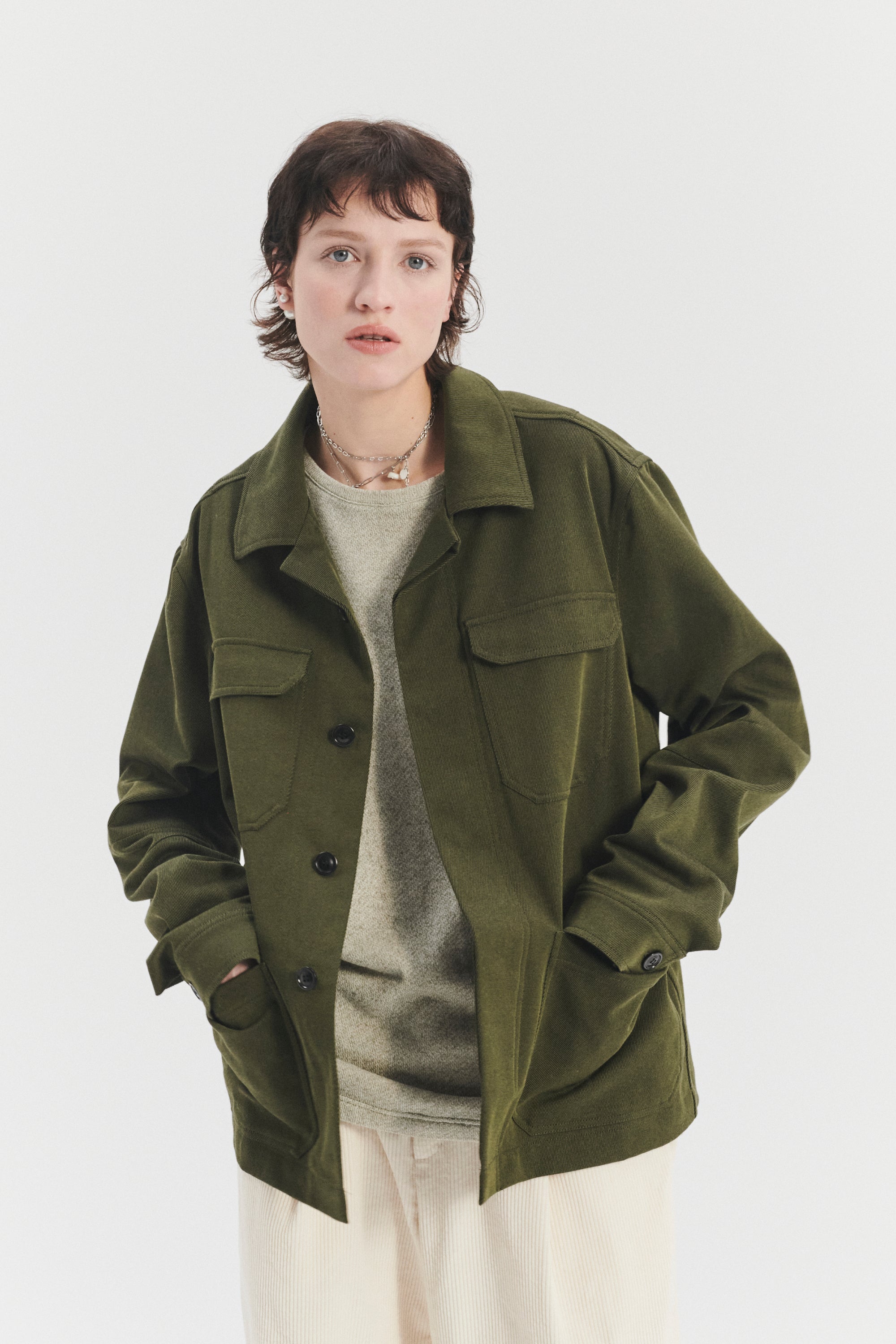 Unisex Workwear Jacket in the Finest Olive Green Italian Cotton and Wool Twill from Subalpino