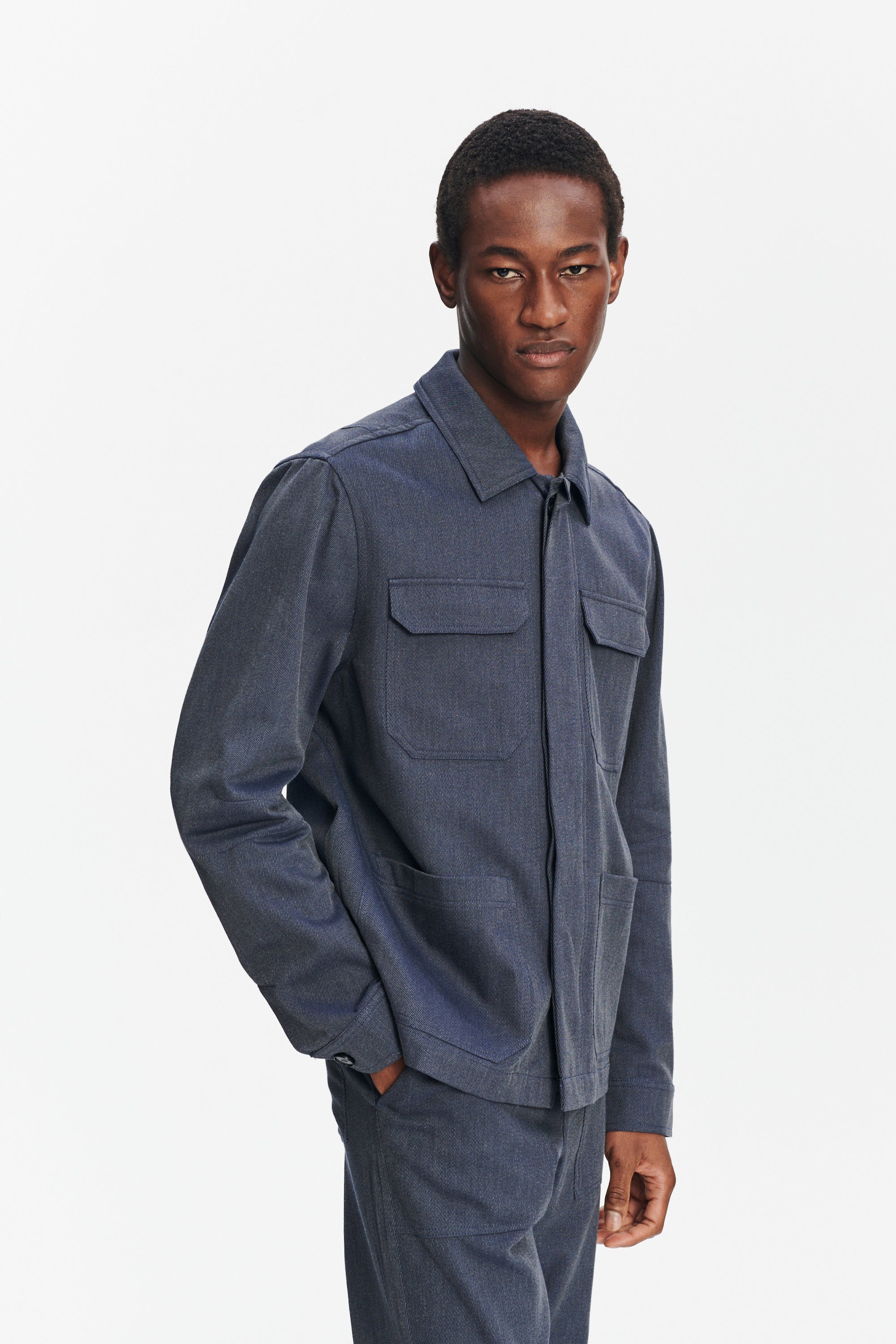 Workwear Jacket in the Finest Steel Blue Italian Twill Cotton and Wool from Subalpino