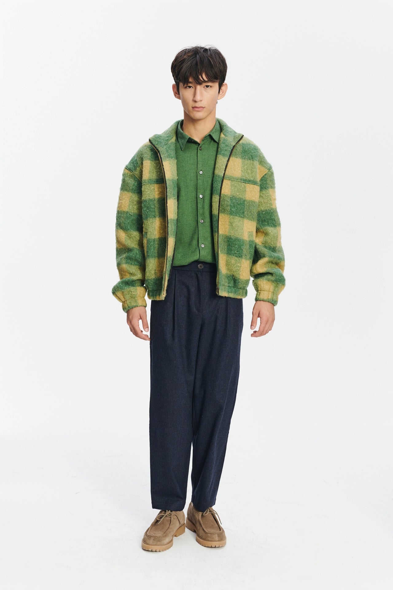 New Zipped Blouson Jacket in Green Checkered Italian Wool