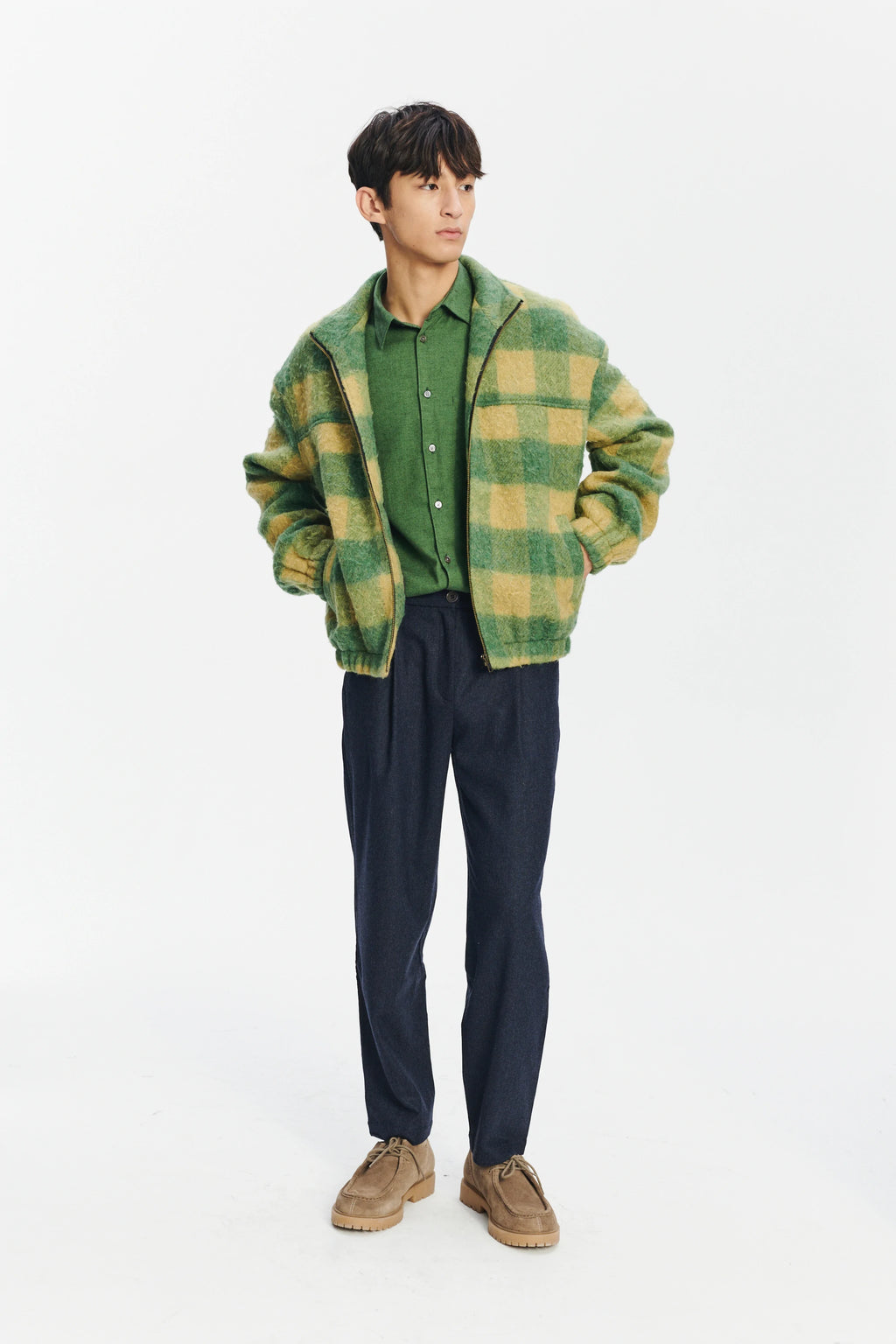 New Zipped Blouson Jacket in Green Chequered Italian Wool