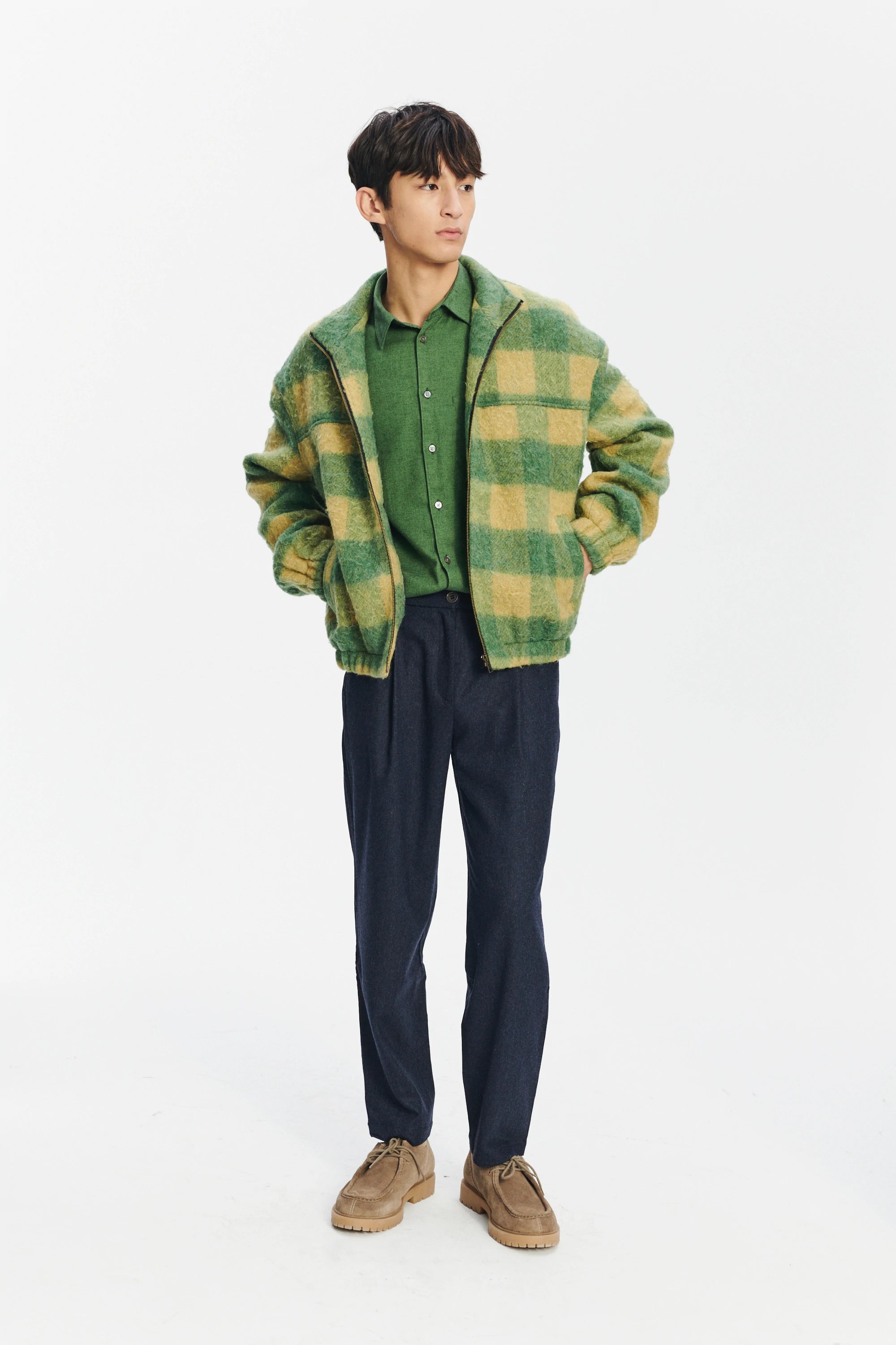New Zipped Blouson Jacket in Green Chequered Italian Wool