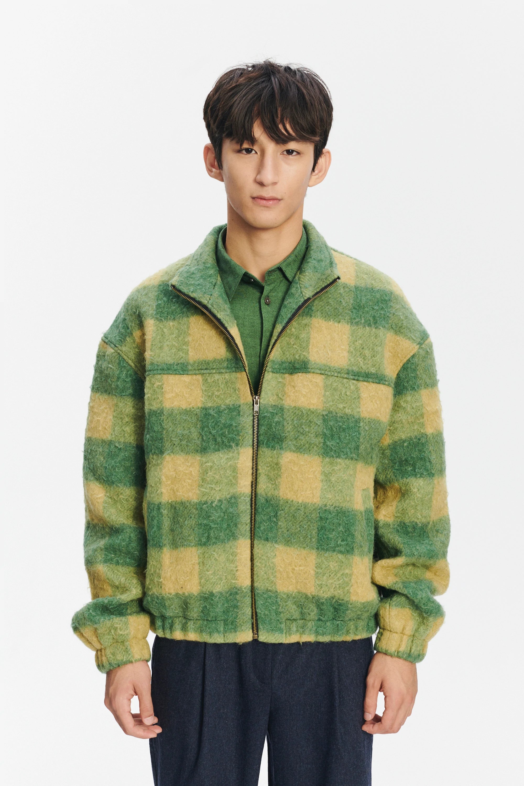 New Zipped Blouson Jacket in Green Chequered Italian Wool