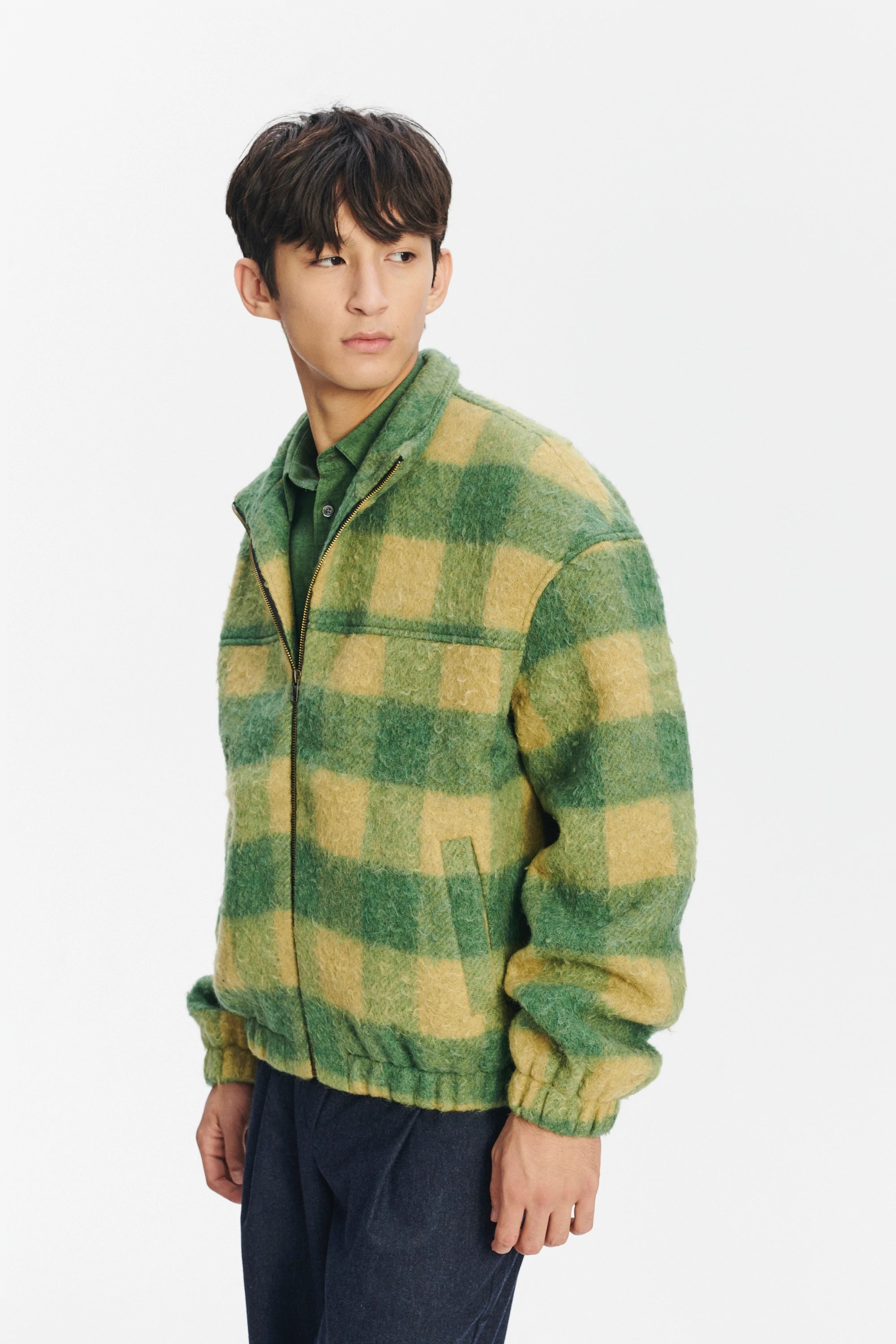 New Zipped Blouson Jacket in Green Chequered Italian Wool