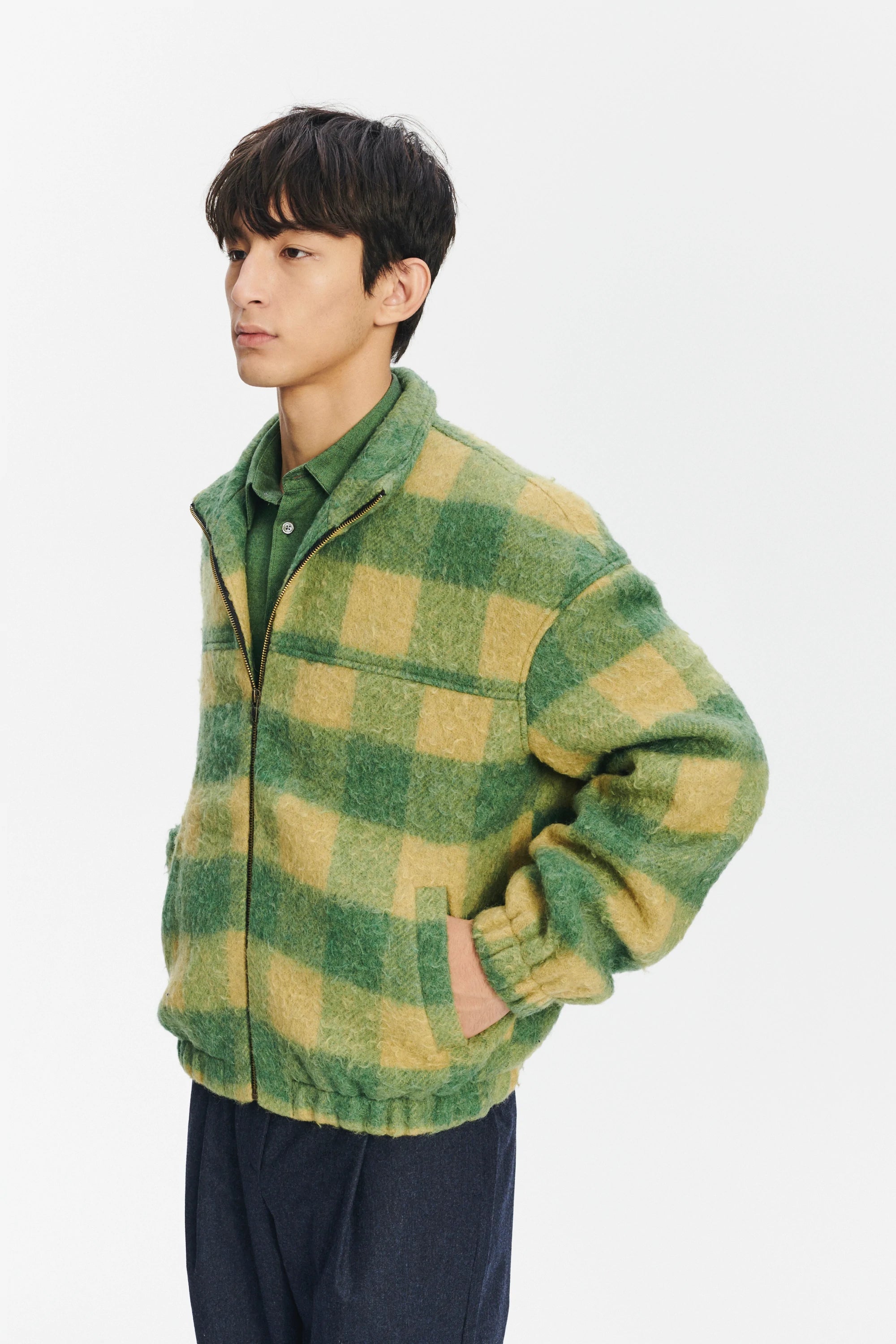 New Zipped Blouson Jacket in Green Chequered Italian Wool