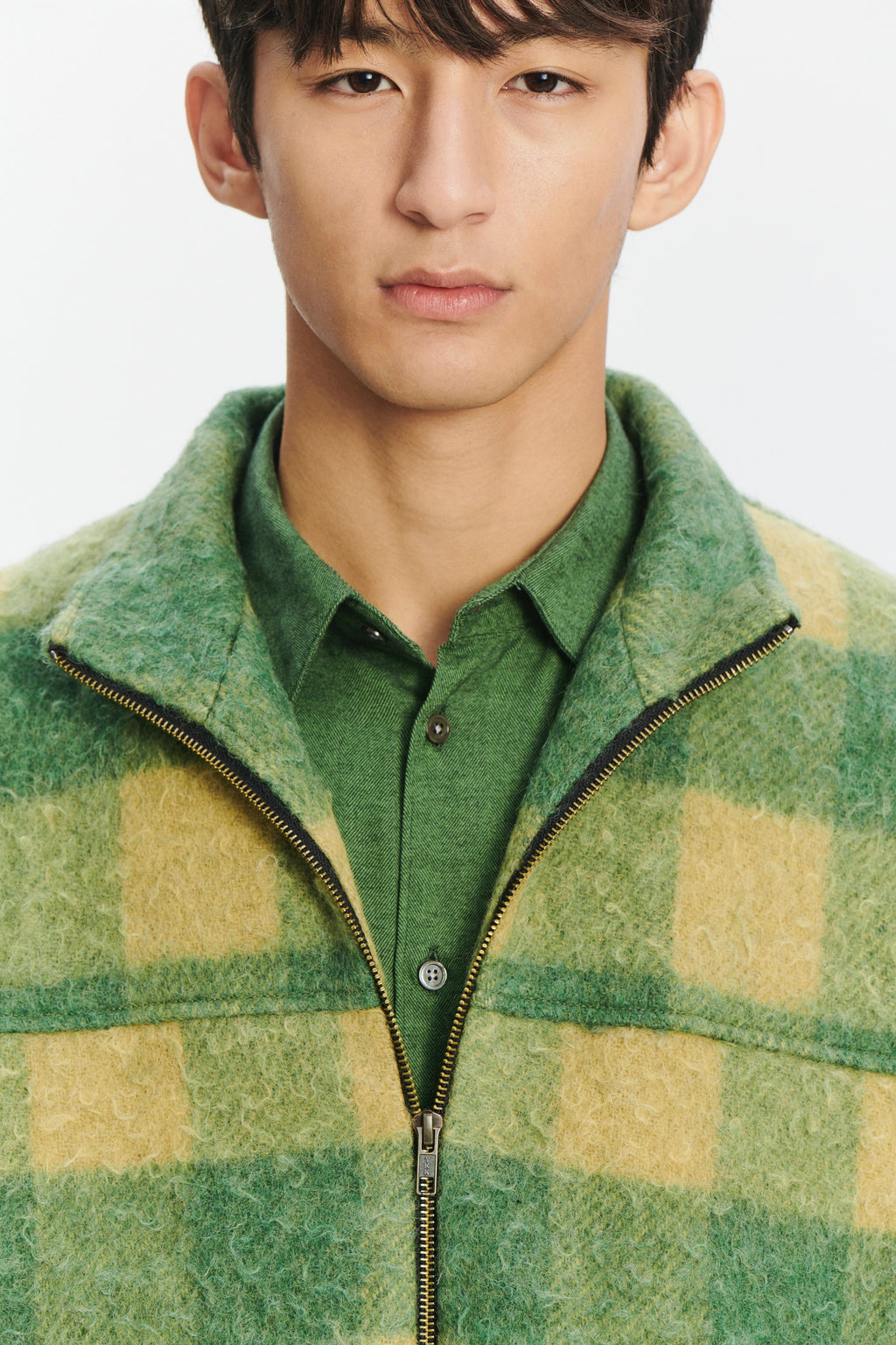 New Zipped Blouson Jacket in Green Chequered Italian Wool