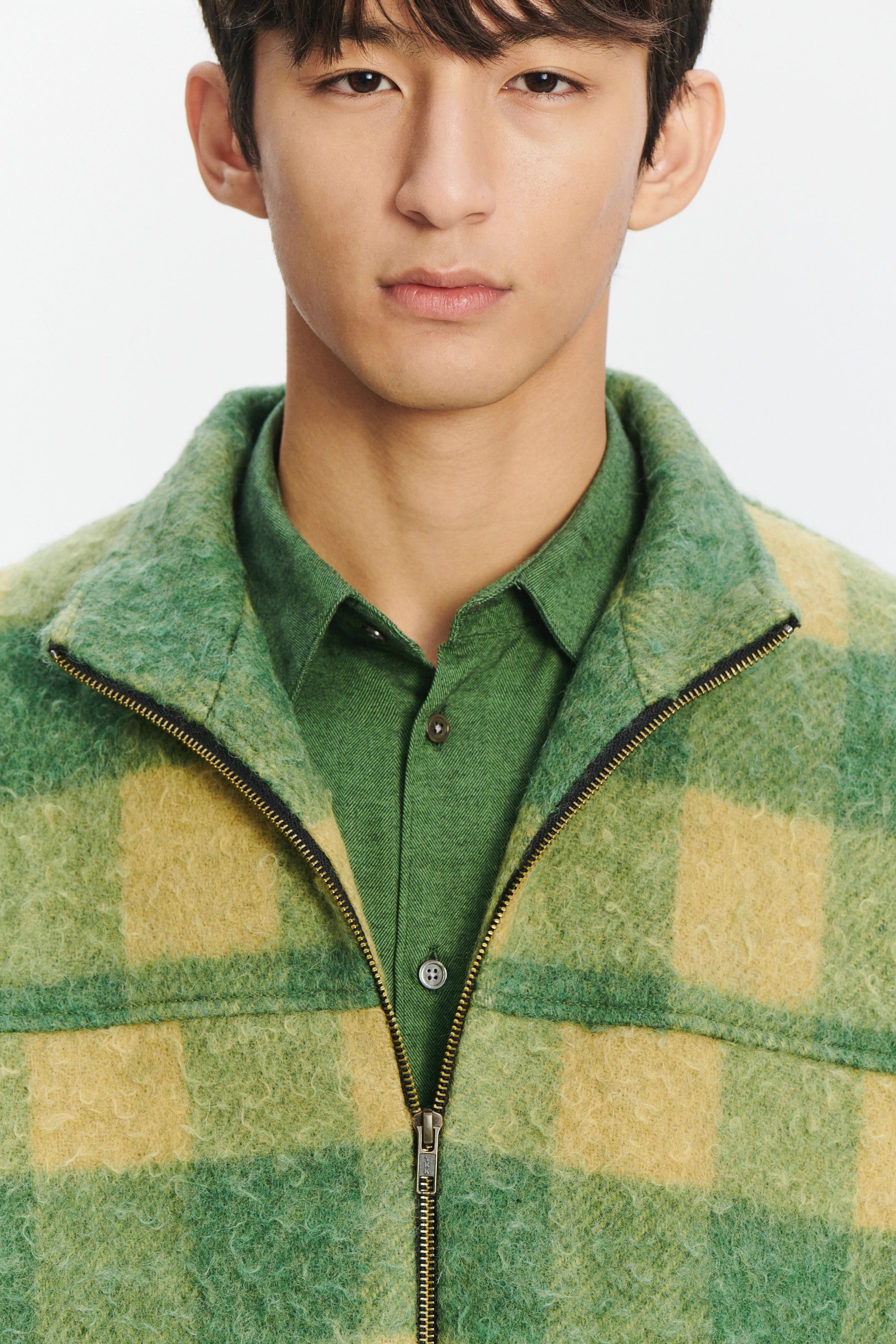 New Zipped Blouson Jacket in Green Chequered Italian Wool