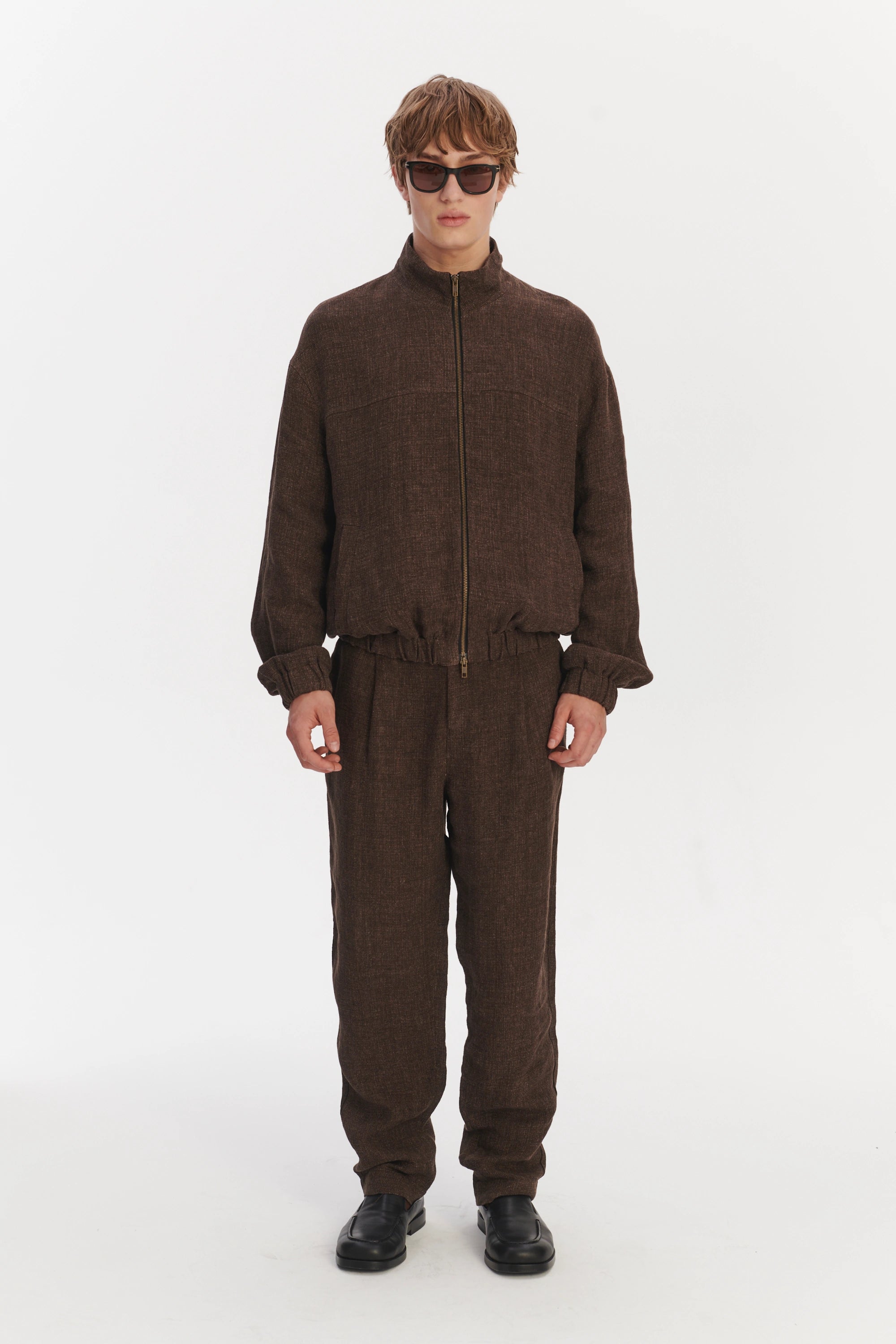 New Zipped Blouson Jacket in a Brown Italian Linen Crêpe