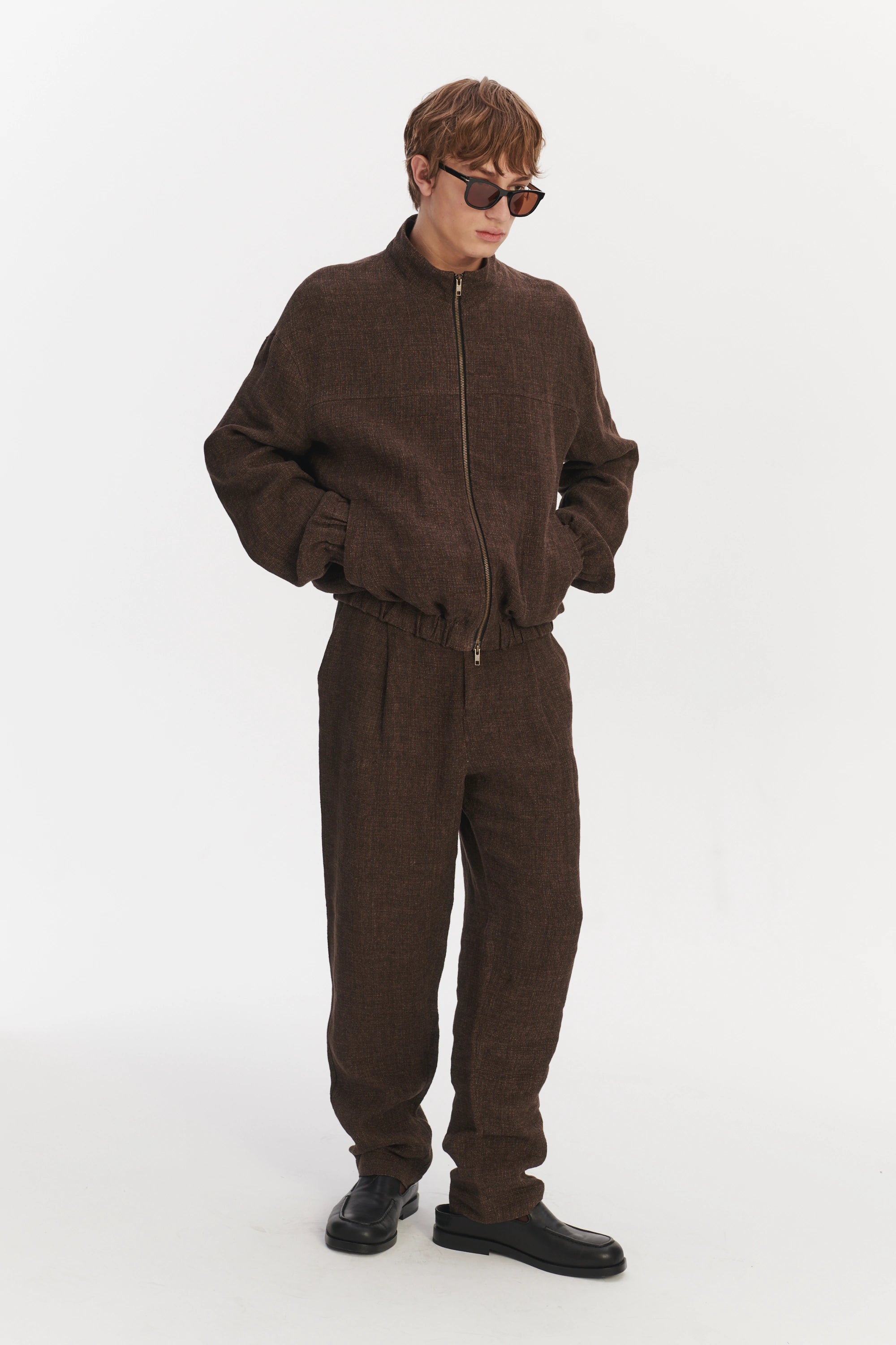 New Zipped Blouson Jacket in a Brown Italian Linen Crêpe
