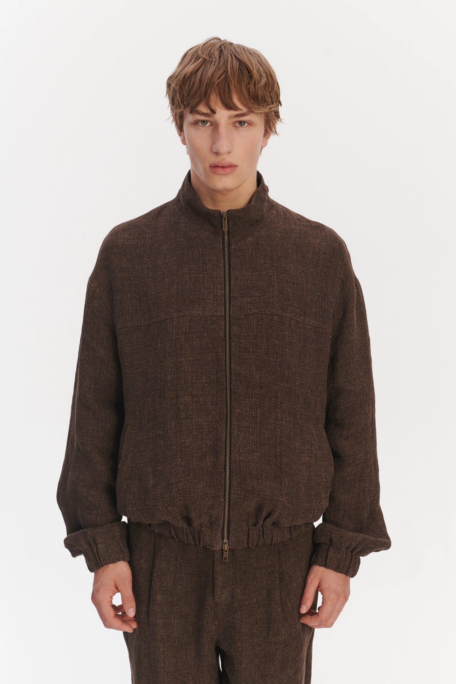 New Zipped Blouson Jacket in a Brown Italian Linen Crêpe