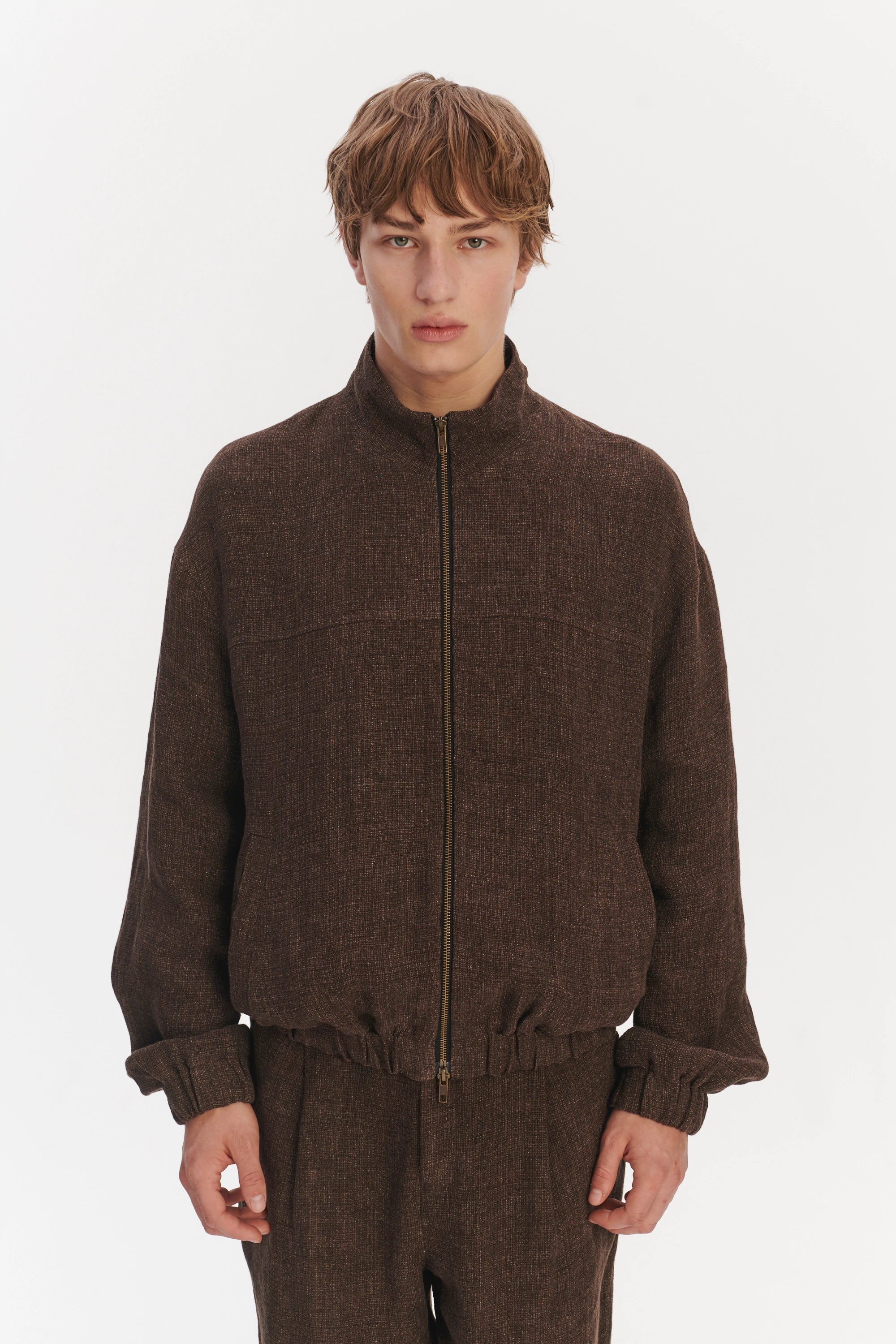 New Zipped Blouson Jacket in a Brown Italian Linen Crêpe
