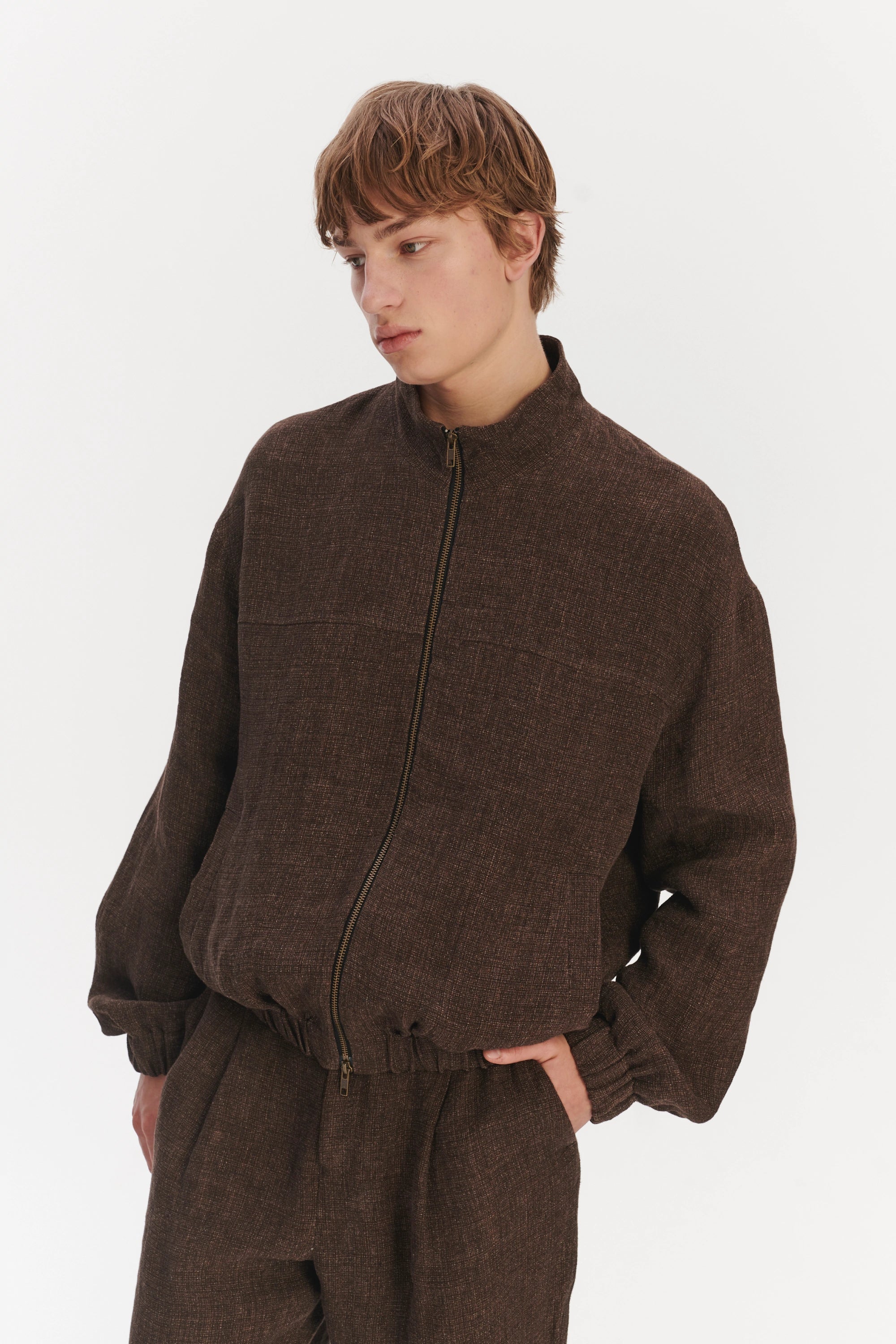 New Zipped Blouson Jacket in a Brown Italian Linen Crêpe