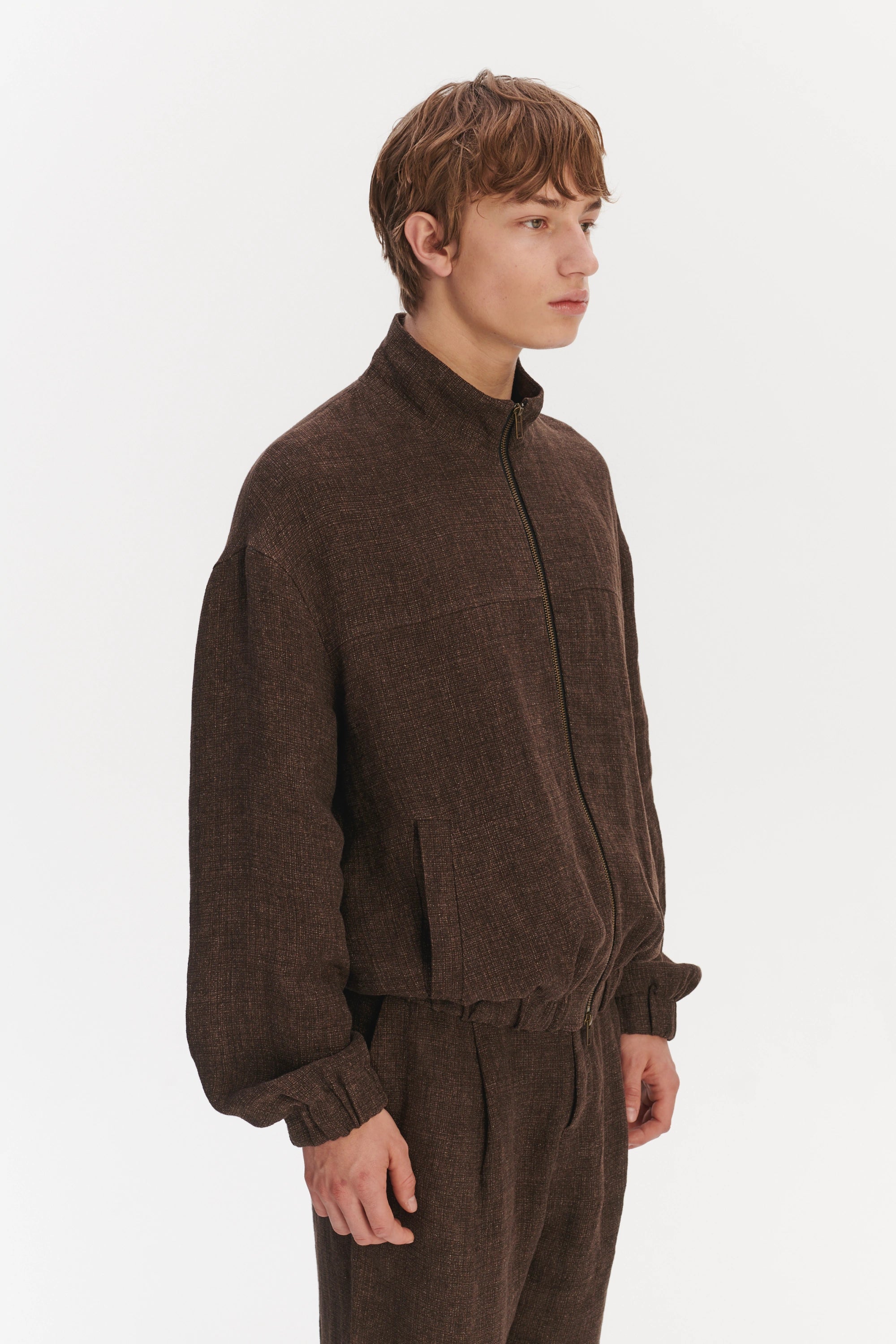 New Zipped Blouson Jacket in a Brown Italian Linen Crêpe