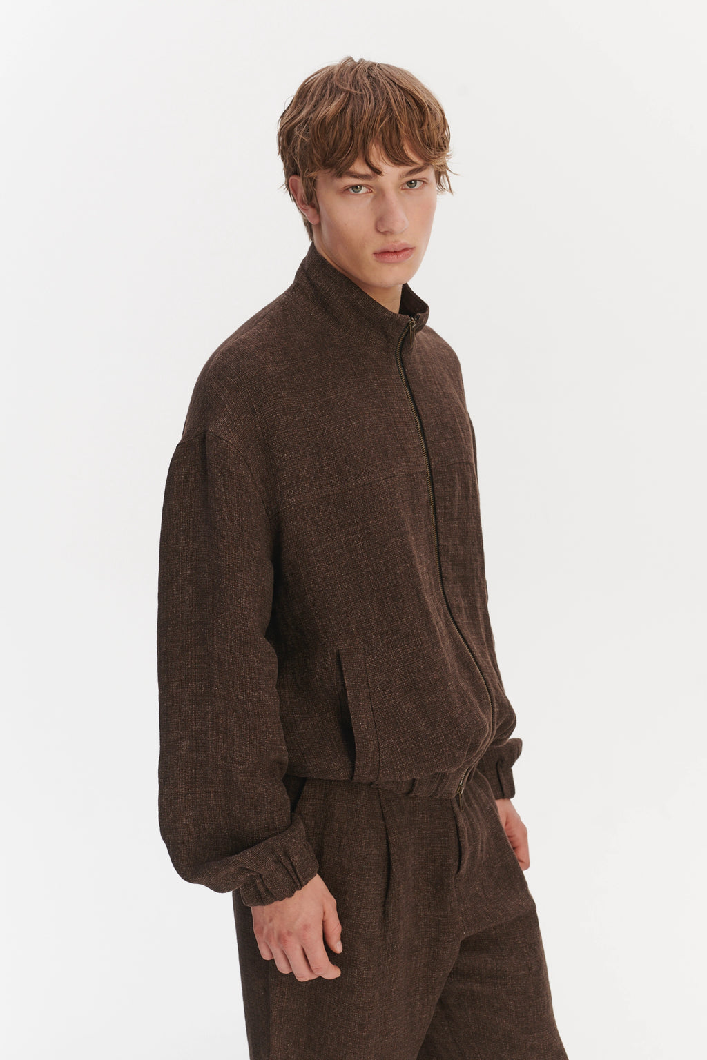 New Zipped Blouson Jacket in a Brown Italian Linen Crêpe