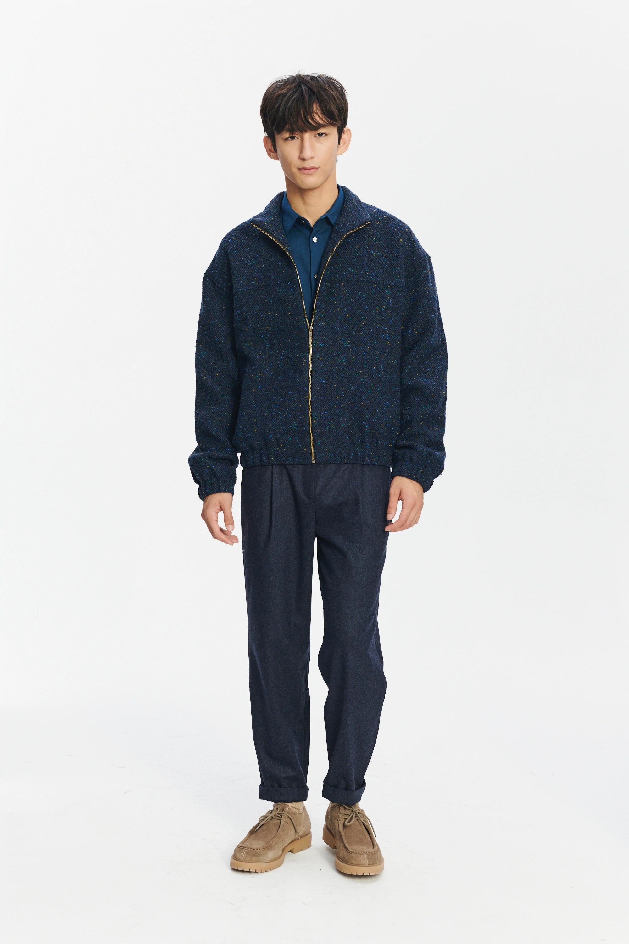 New Zipped Blouson Jacket in Navy Virgin Wool Blend