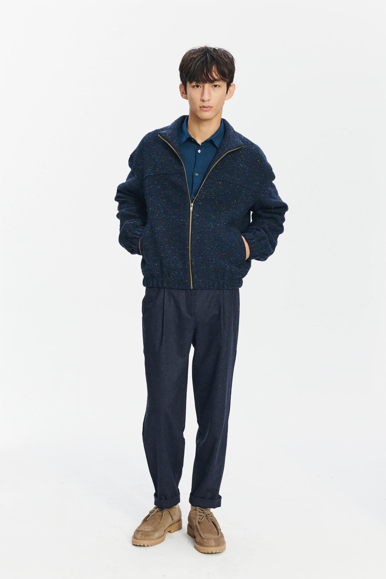 New Zipped Blouson Jacket in Navy Virgin Wool Blend